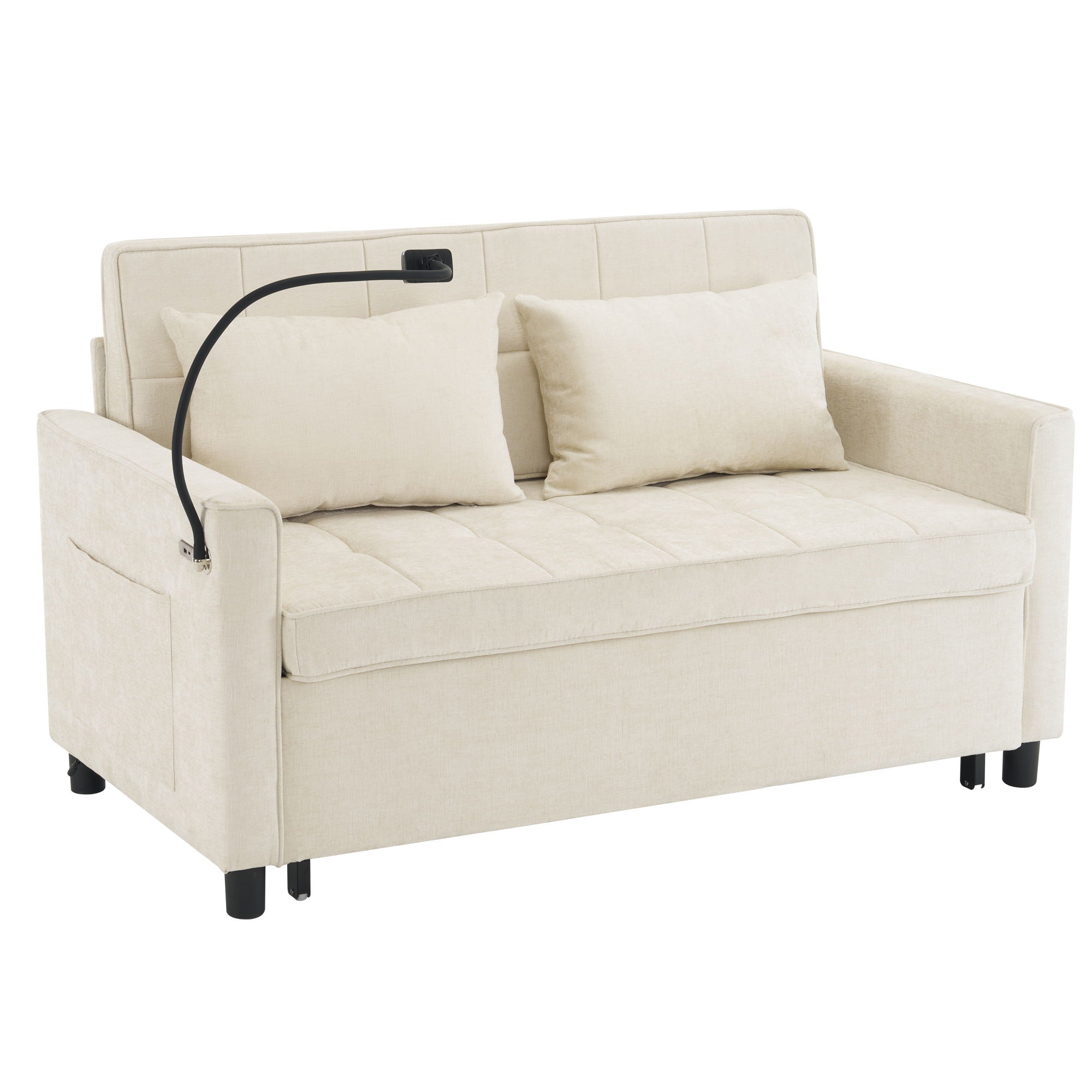 Pull-Out Sleeper Sofa With Reversible Backrest Cushion, Side Pockets, 2 USB Ports And A Phone Holder For Living Room
