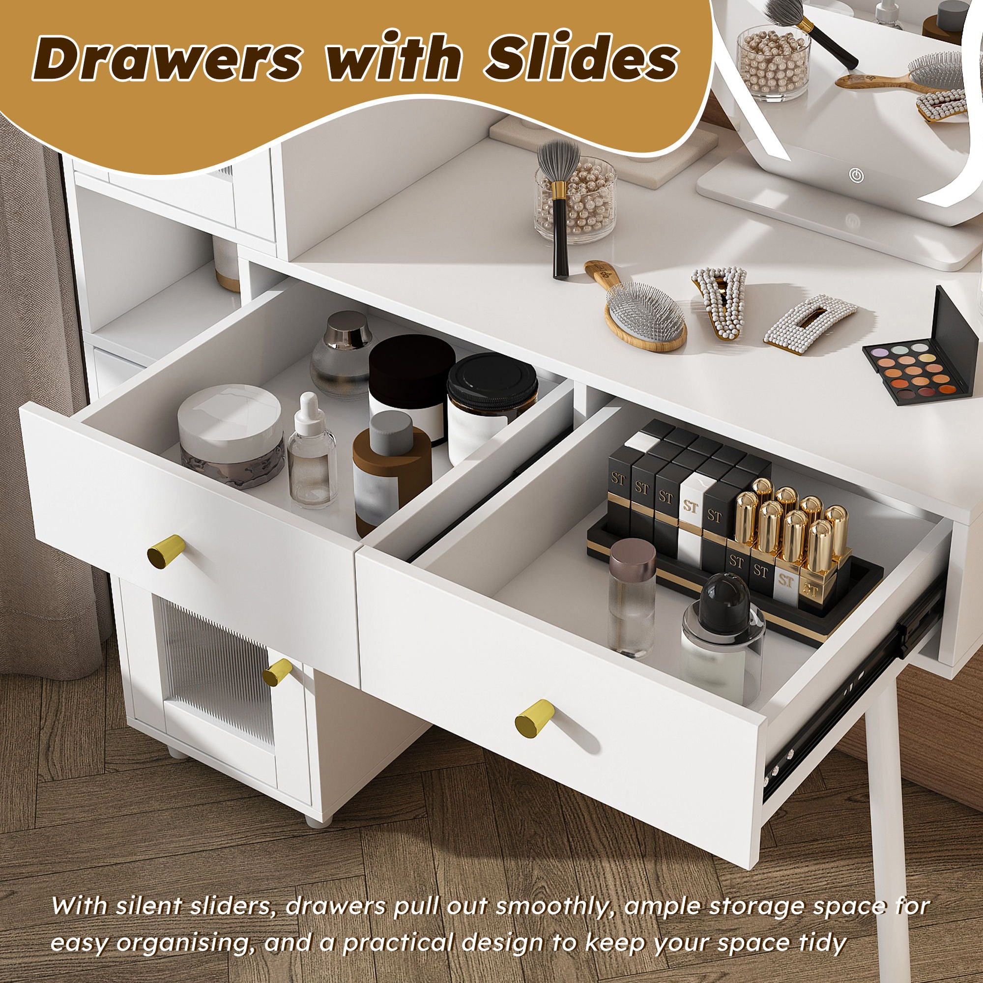 Vanity Dressing Table With LED Mirror & Storage Makeup Desk With 3 Drawers, 2 Open Shelves & 4 Hidden Cabinets - White