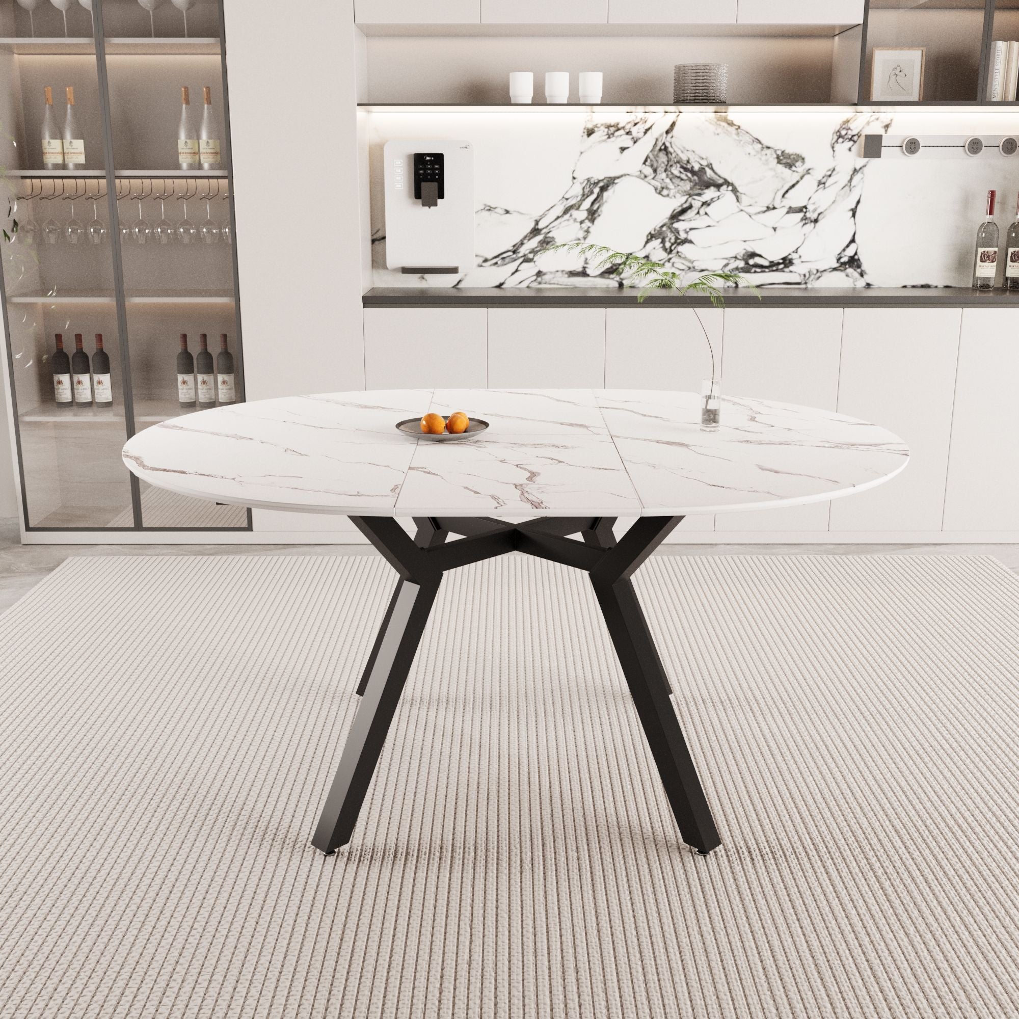 Modern Extendable White Circular Dining Table with MDF Top and Metal Legs for 4-6 Persons