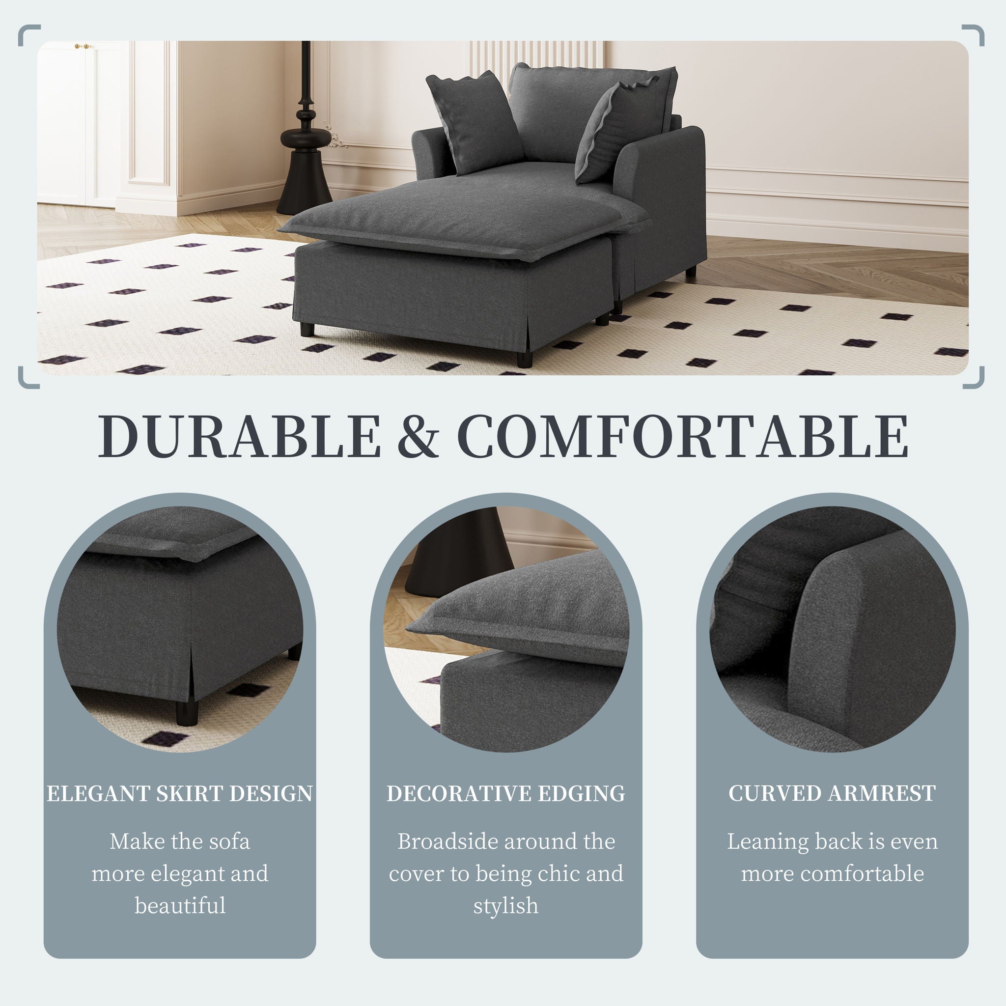 Oversized Chaise Lounge Indoor Single Sofa Bed With Wide Seat, Upholstered Lazy Sleeper Armchair With Movable Ottoman Reading Couch Set