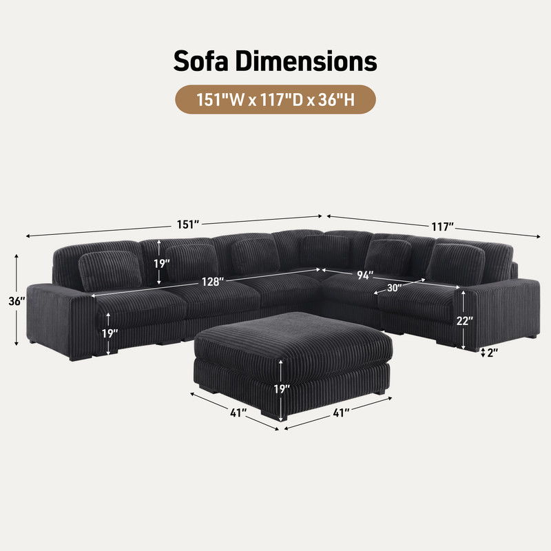 Sloane 151"W Charcoal Corduroy Fabric Reversible L-Shape Modular Sectional Sofa with Ottoman