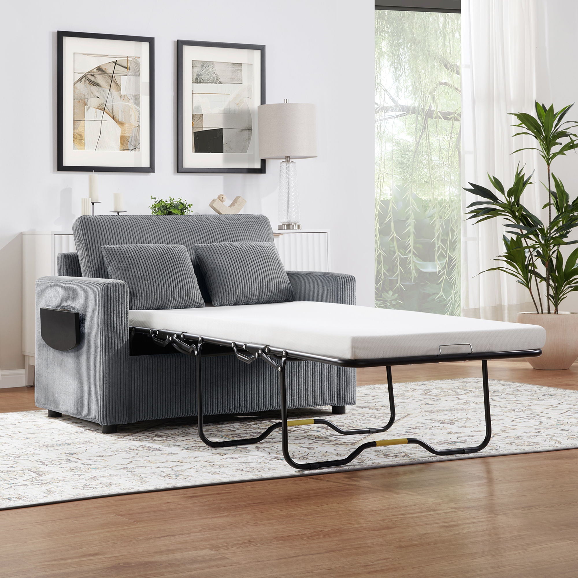 Sleeper Sofa With Foldable Mattress, USB Ports, Side Table & Storage Pocket