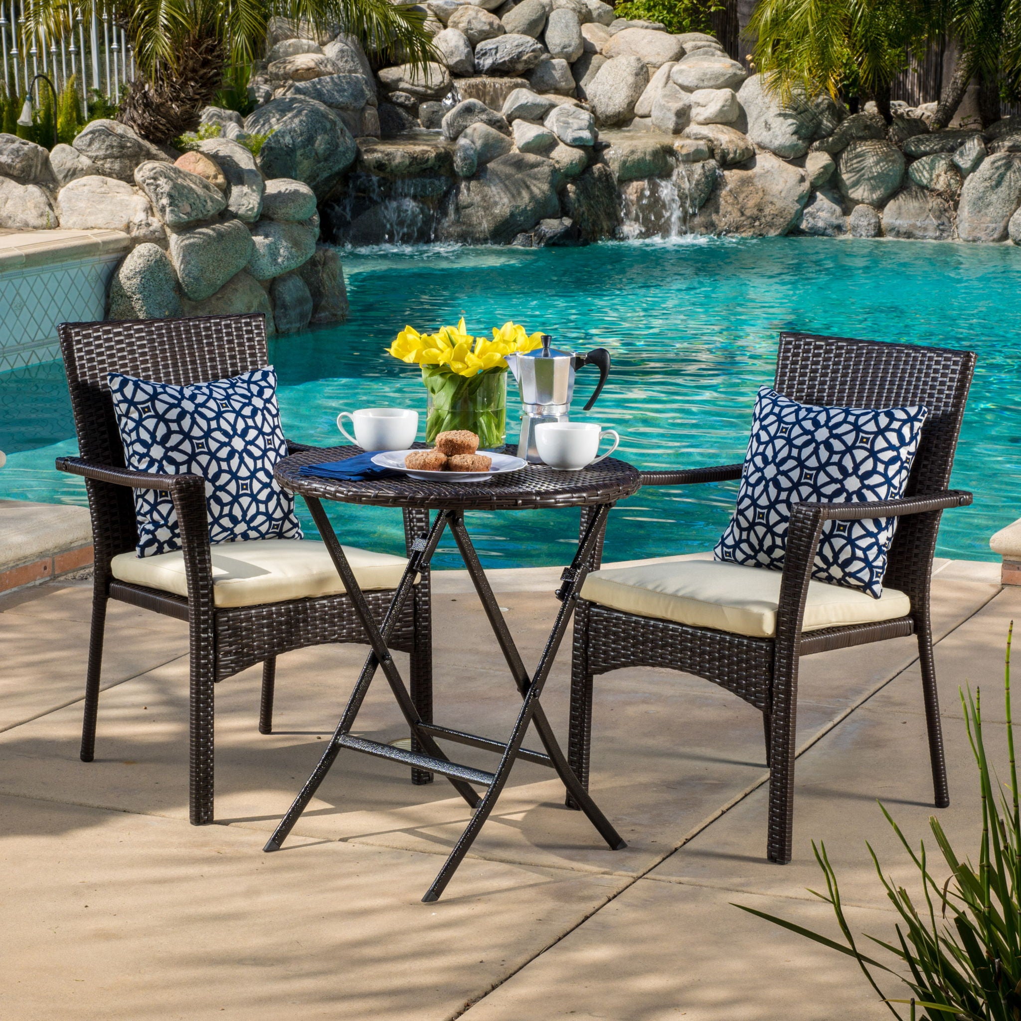 3 Piece Bistro Set With Water Resistant Cushions And 2 Chairs - Brown Multi