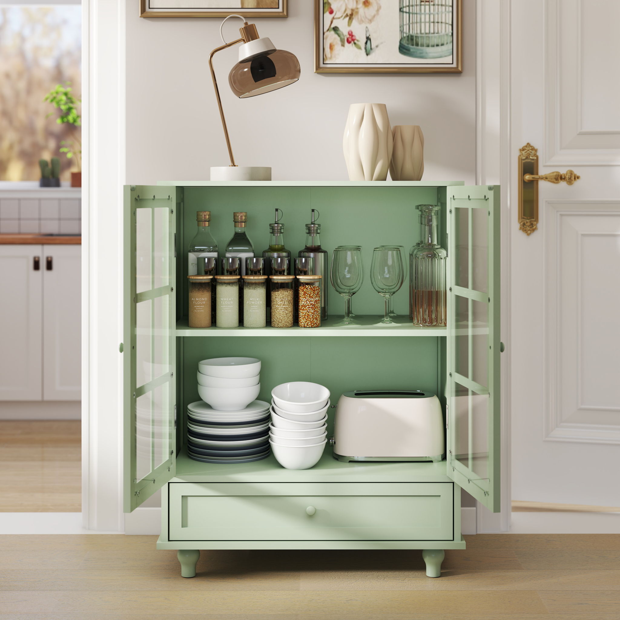 Minimalist Buffet Cabinet With Double Glass Doors And Drawer