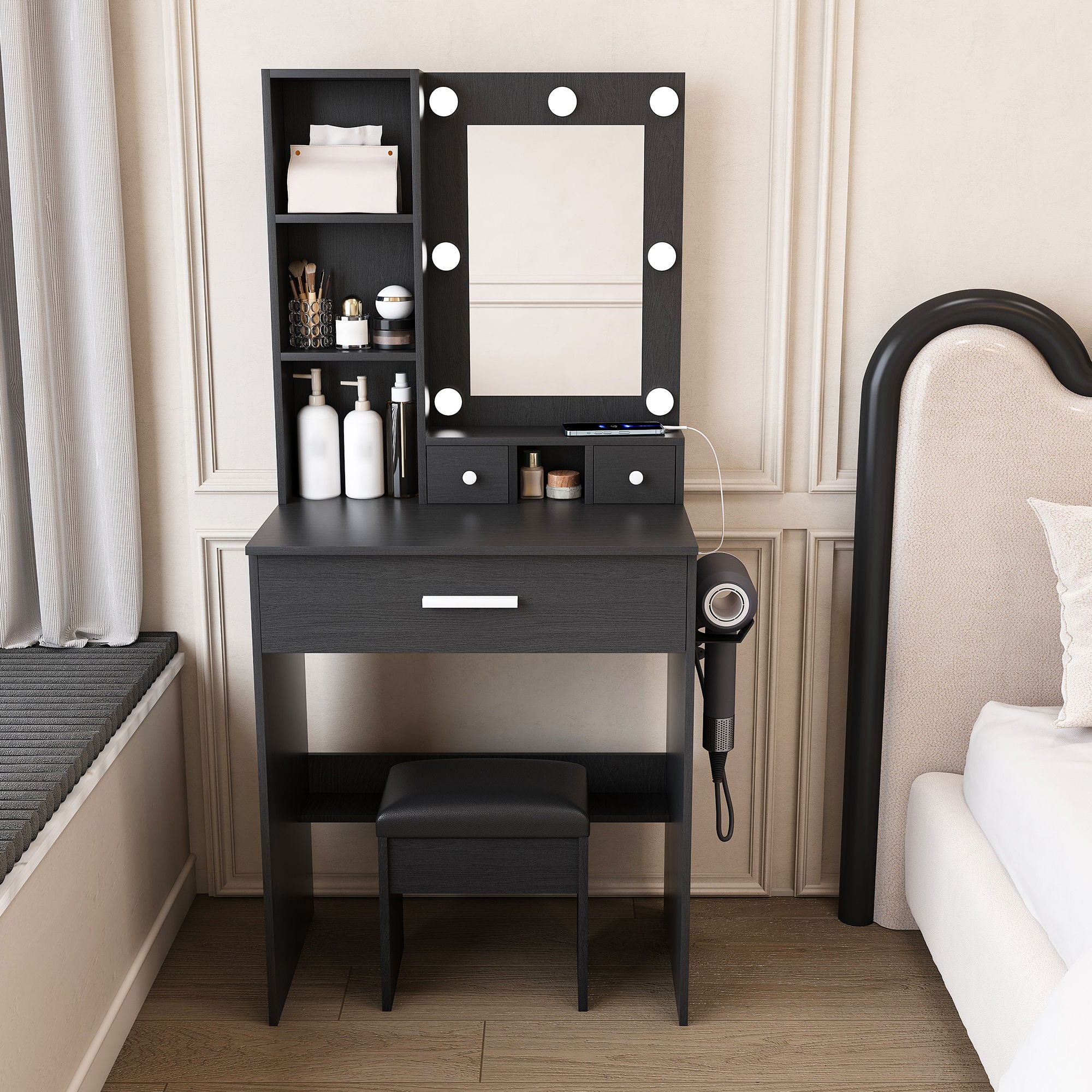 Vanity Table With Mirror, Adjustable LED Lights, Power Outlet, Hairdryer Holder & Stool