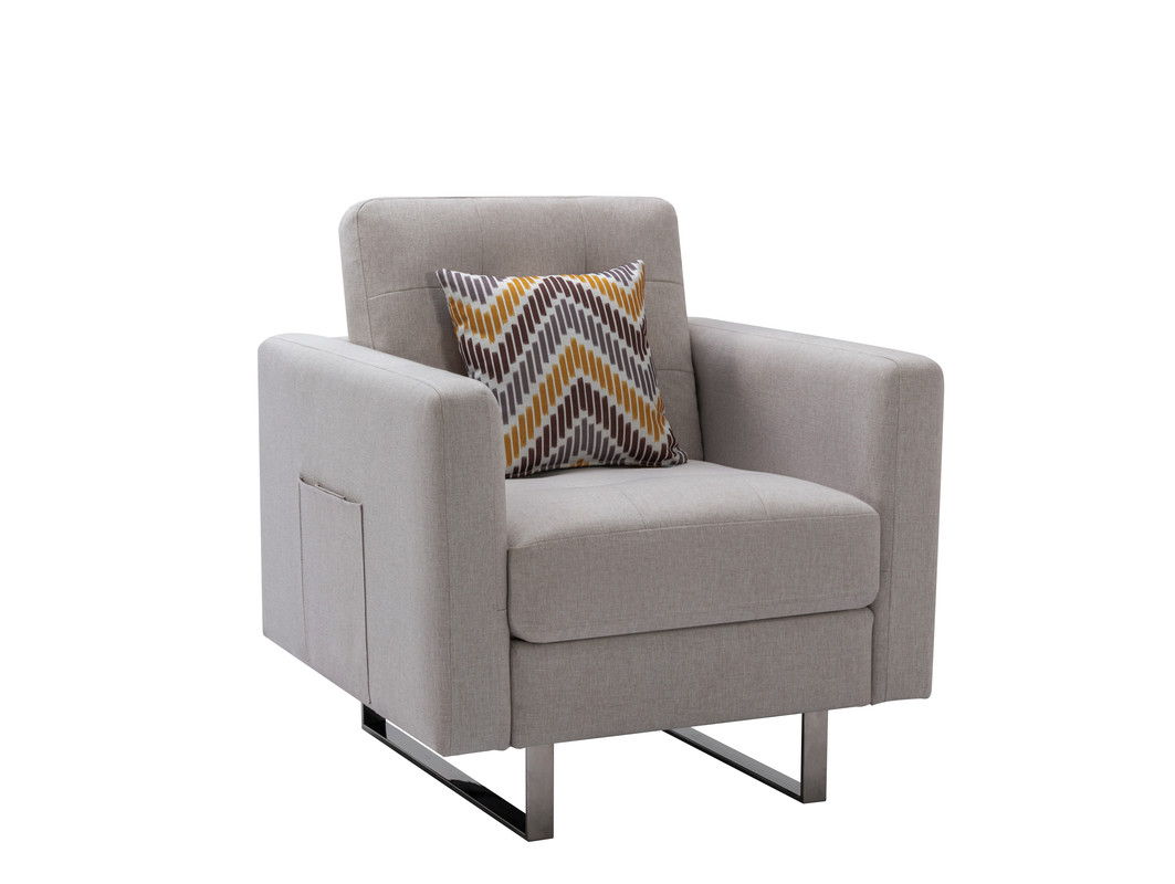 Victoria 33.5"W Beige Linen Fabric Armchair with Metal Legs, Side Pockets, and Pillow