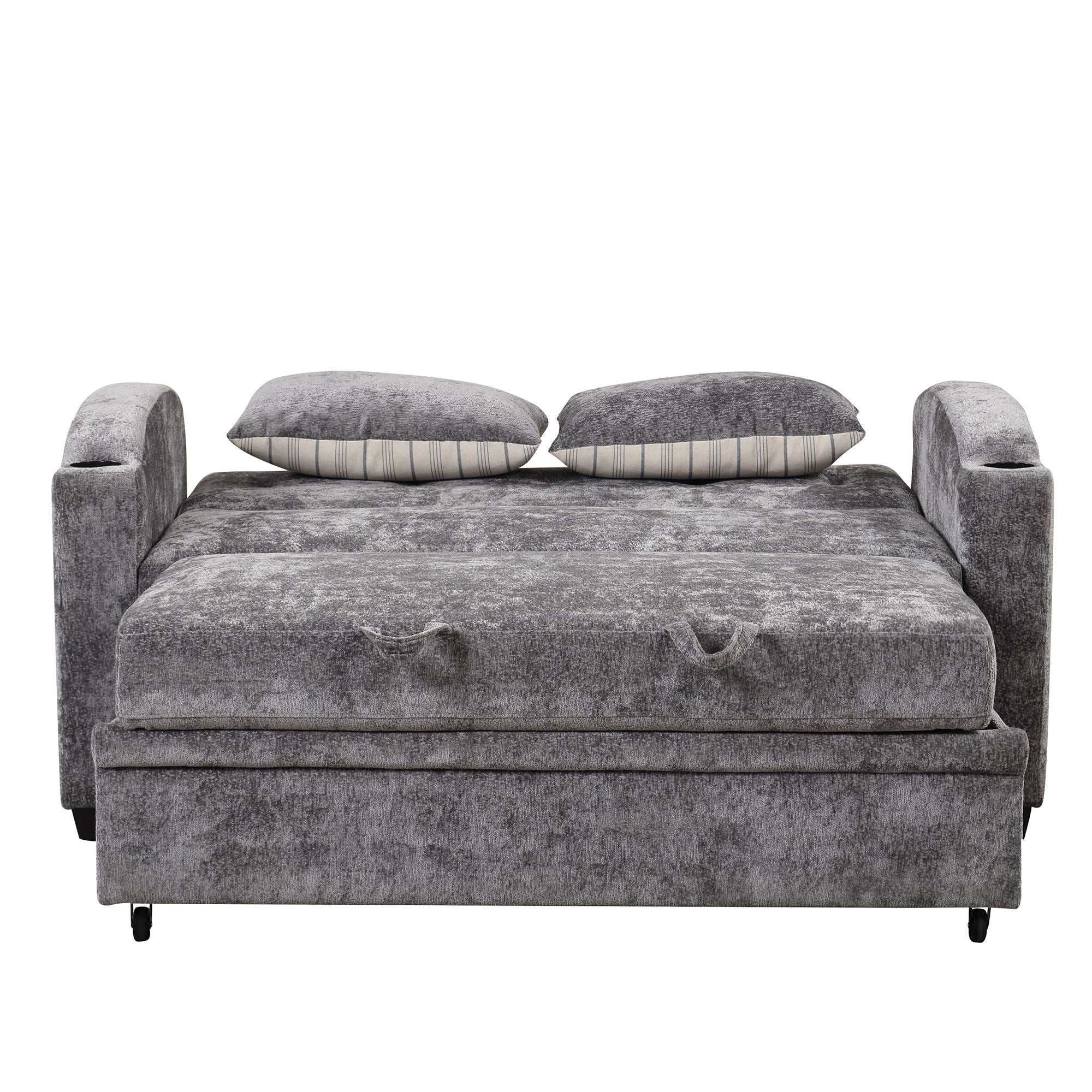 Pull Out Loveseat Sofa With Adjsutable Backrest, 2 Pillows, Cup Holders, USB Ports For Living Room