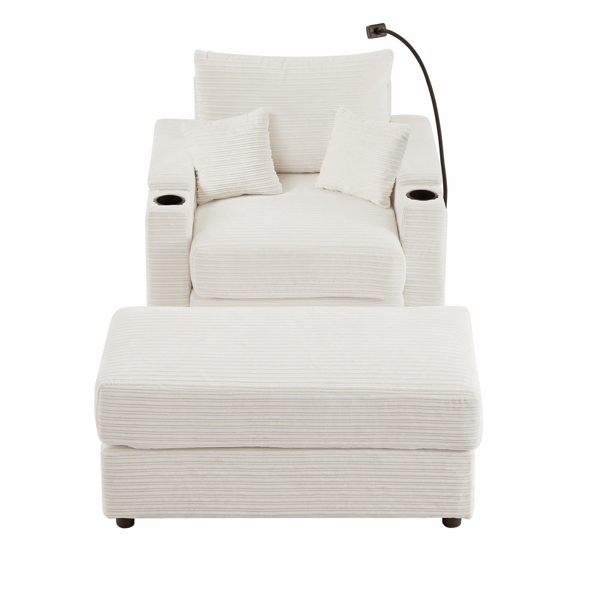 Single Sofa Couch With Storage Space, Movable Ottoman, USB Ports, Cup Holders, Phone Holder