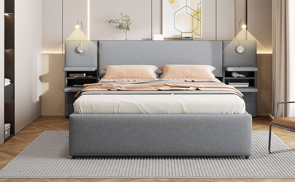 Upholstered Platform Bed With Reading Lights, Drawers, Trundle And Shelves