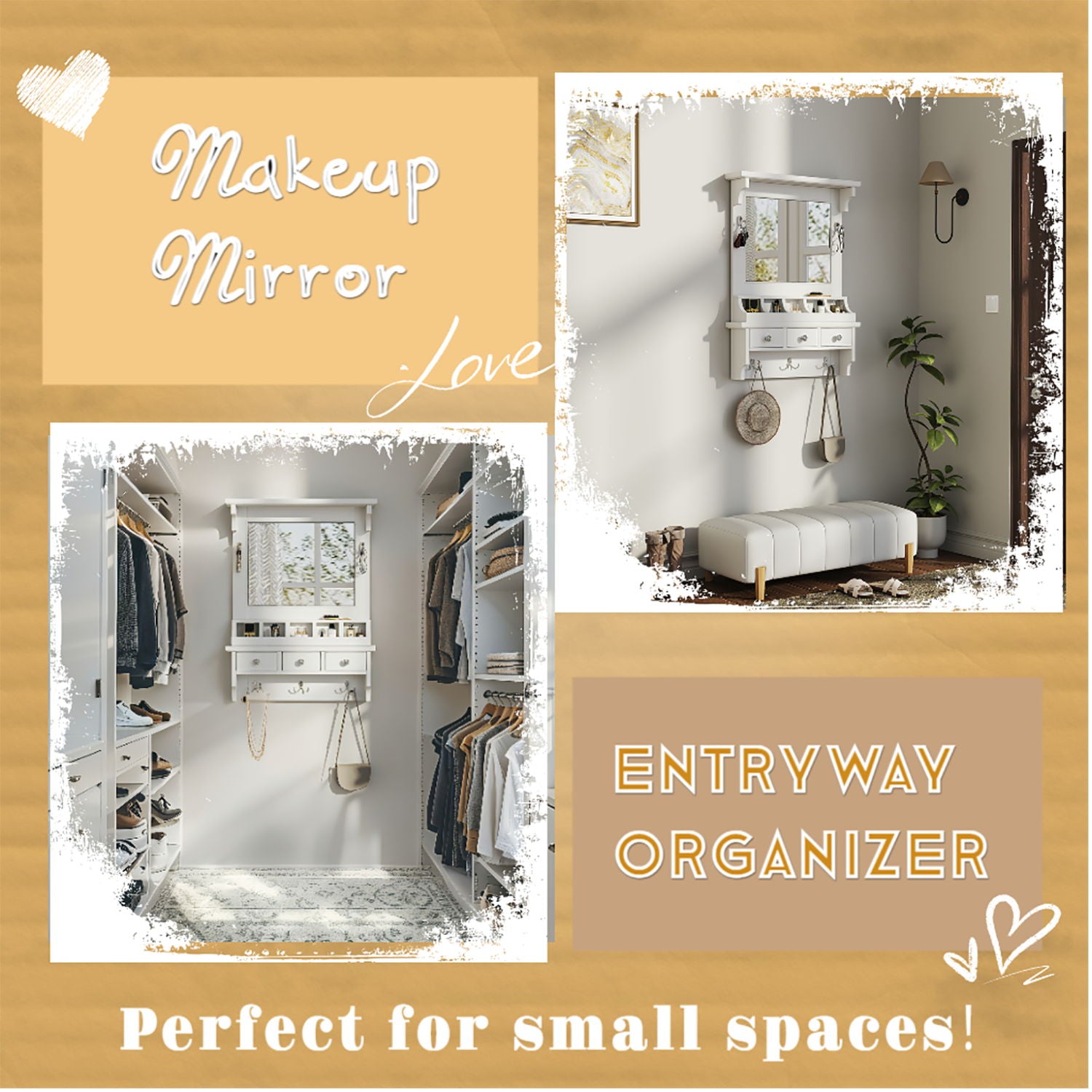 Floating Makeup Vanity With Big Mirror, Wall Mounted Storage Vanity With Drawers, Pockets & Hooks, Space Saving Decorative Home Organizer - White