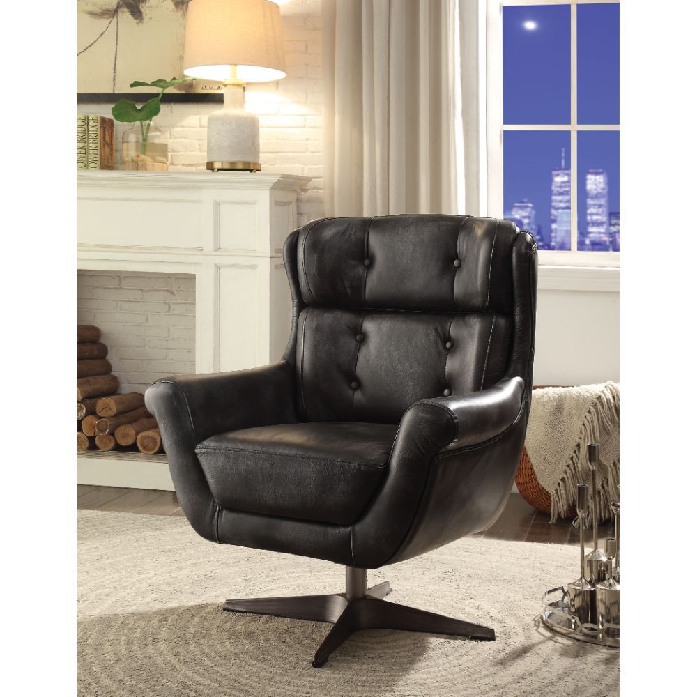 ACME Asotin - Accent Chair - Vintage Black Top Grain Leather | Meri Furniture