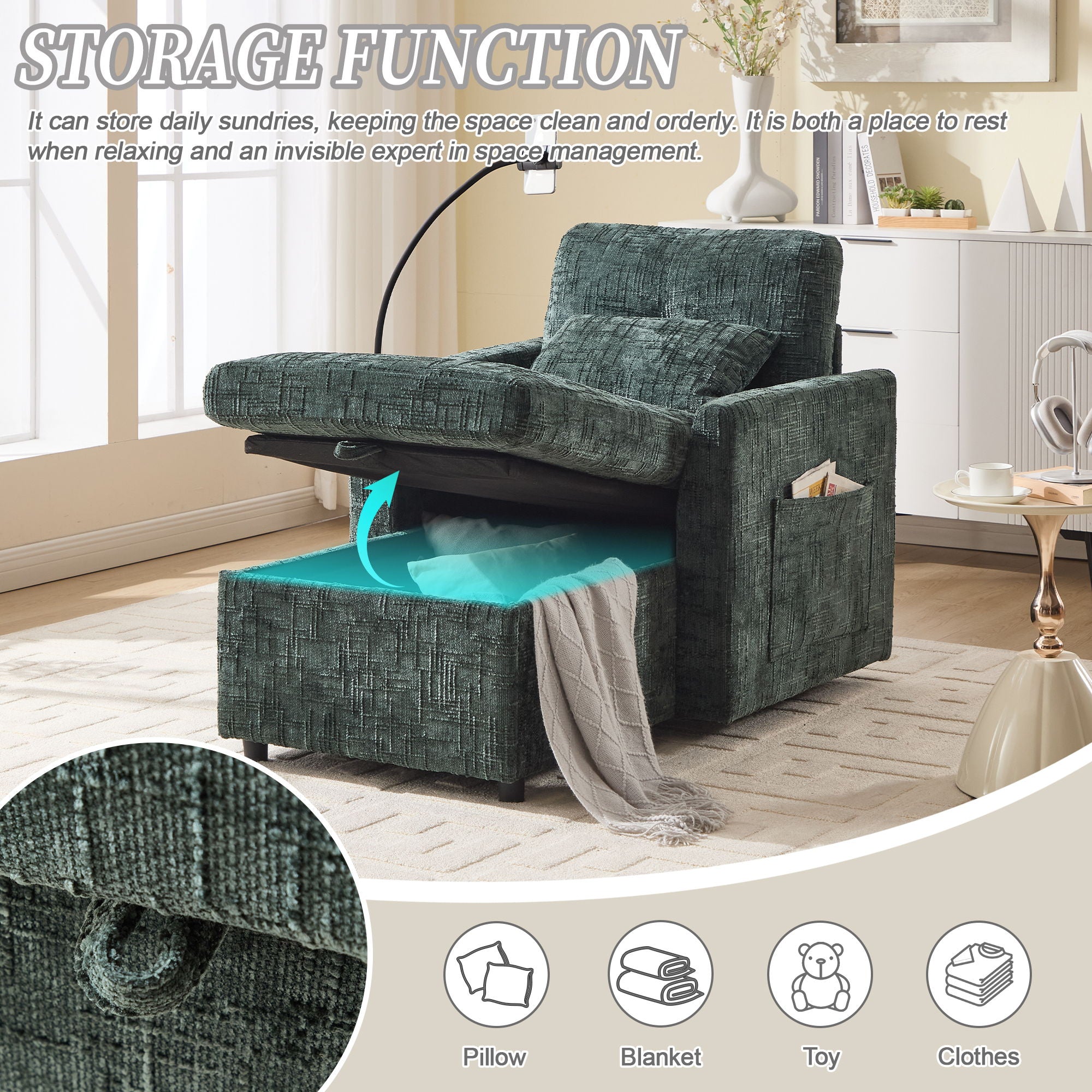 Multifunctional Chenille Recliner Sofa With Storage And Phone Bracket