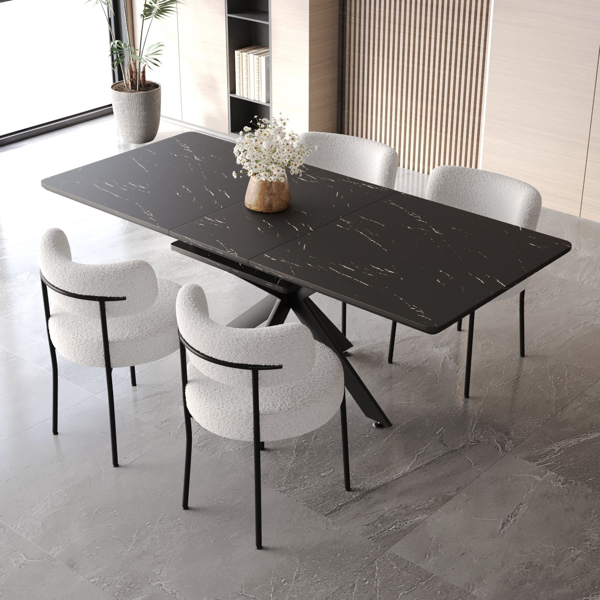 Extendable Dining Table Set With Curved Backrest Upholstered Chairs