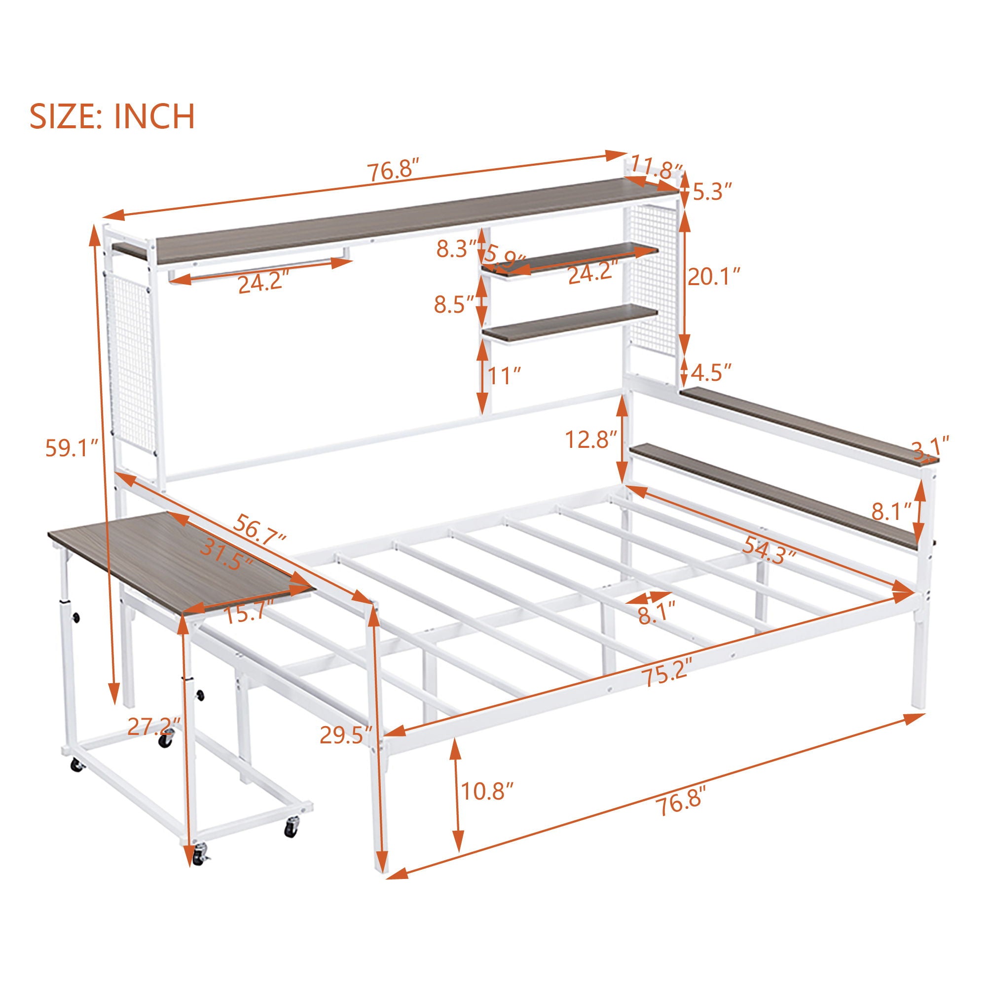 Daybed With Movable Desk, Grid, Shelves And Clothes Hanger