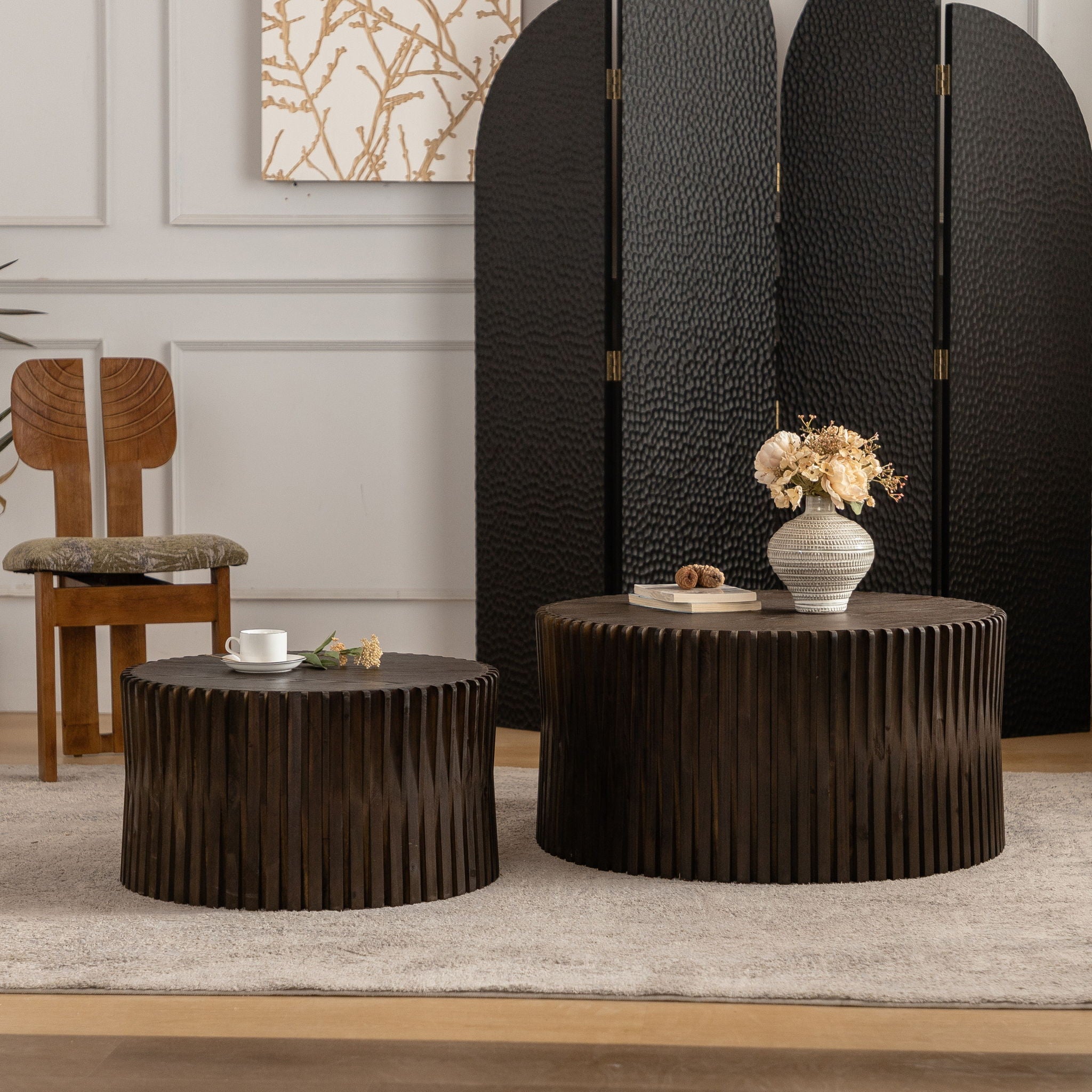 Cylindrical Coffee Table With Vertical Texture Relief