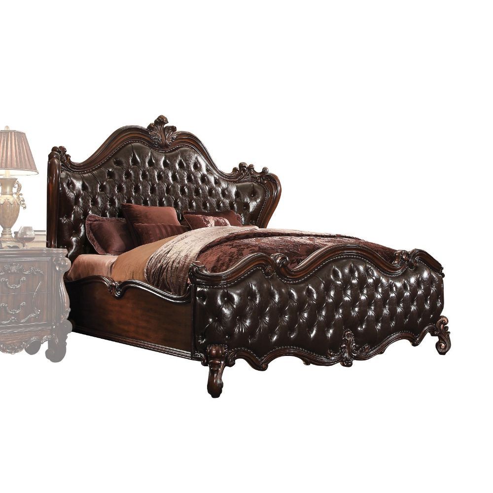 Sleep like royalty with this Versailles Bed Set. The bedroom set was inspired by old European design. The bed features carved scrollwork accent with nailhead trim Decor and tufted upholstery on both headboard and footboard.