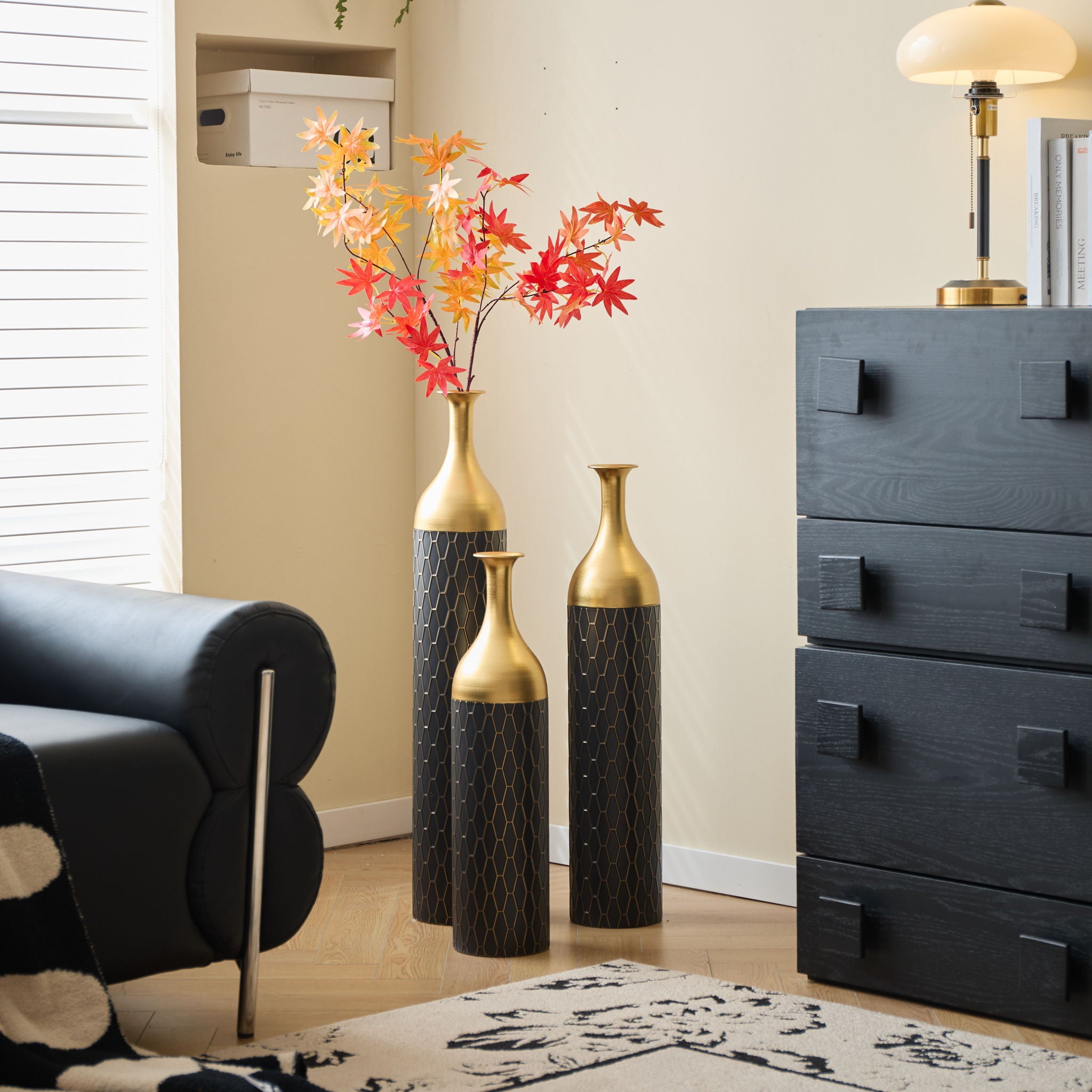 Elegant Floor Vase Set Metal Decorative Vases 3 Piece Set For Floral Display, Wedding & Gift Decor - Gold / Black