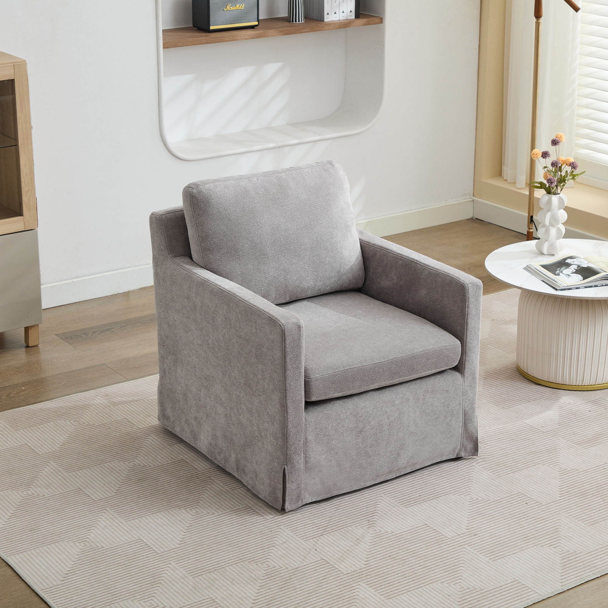 Upholstered Skirted Swivel Chair With Removable Back Cushion For Living Room