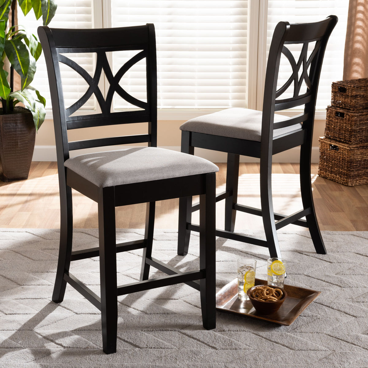 Chandler Modern and Contemporary Grey Fabric Upholstered and Espresso Brown Finished Wood 2-Piece Counter Height Pub Chair Set