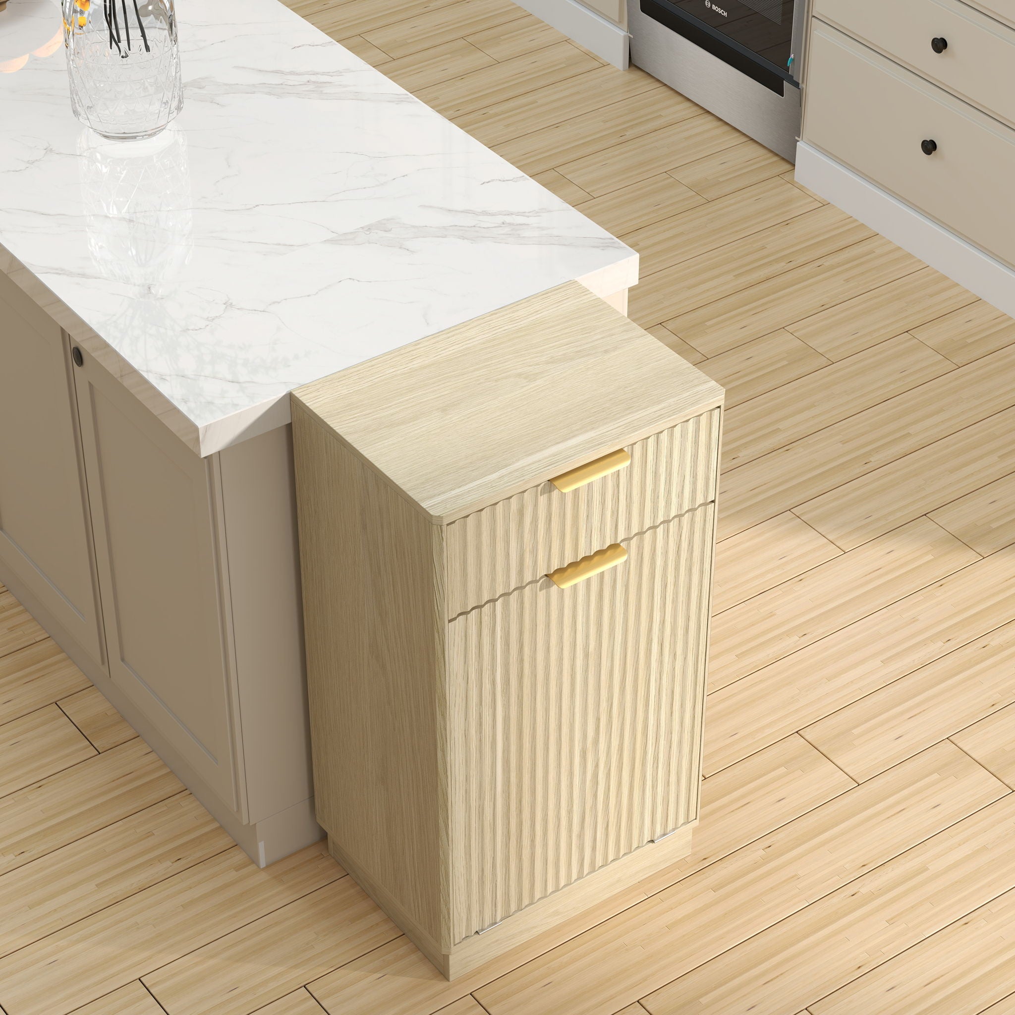 Tilt Out Trash Can Cabinet With Wave Textured Drawer & Pull Out Bin