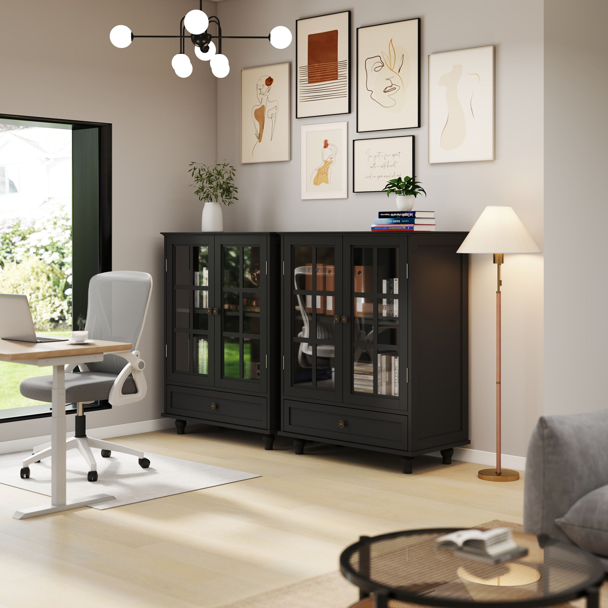 Minimalist Buffet Cabinet With Double Glass Doors And Drawer