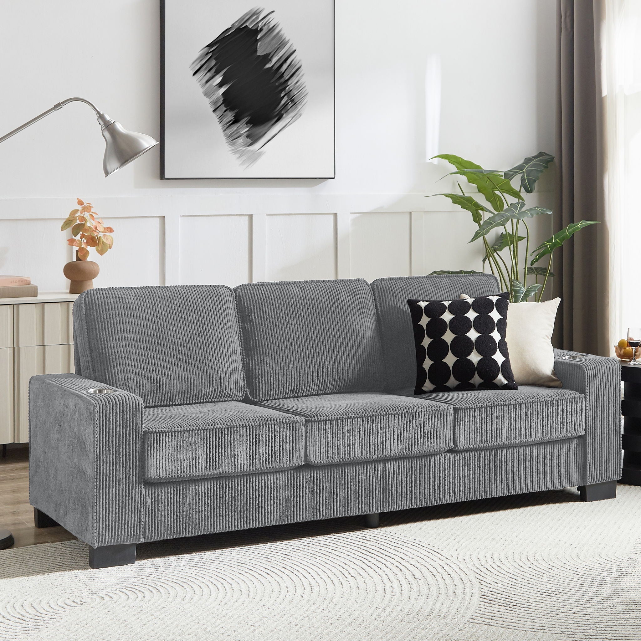 Modern Corduroy Fabric Sofa, 3 Seater Compressed Couch With Cup Holders