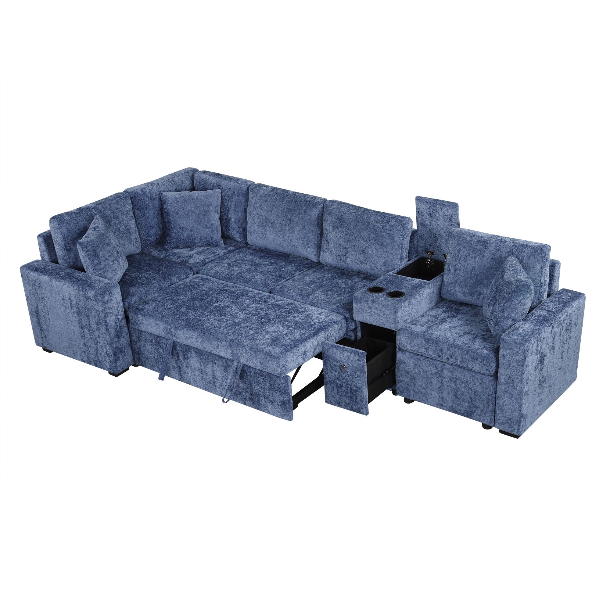 Contemporary L Shaped Convertible Sofa Bed With Pull Out Bed, Cup Holders, And Storage