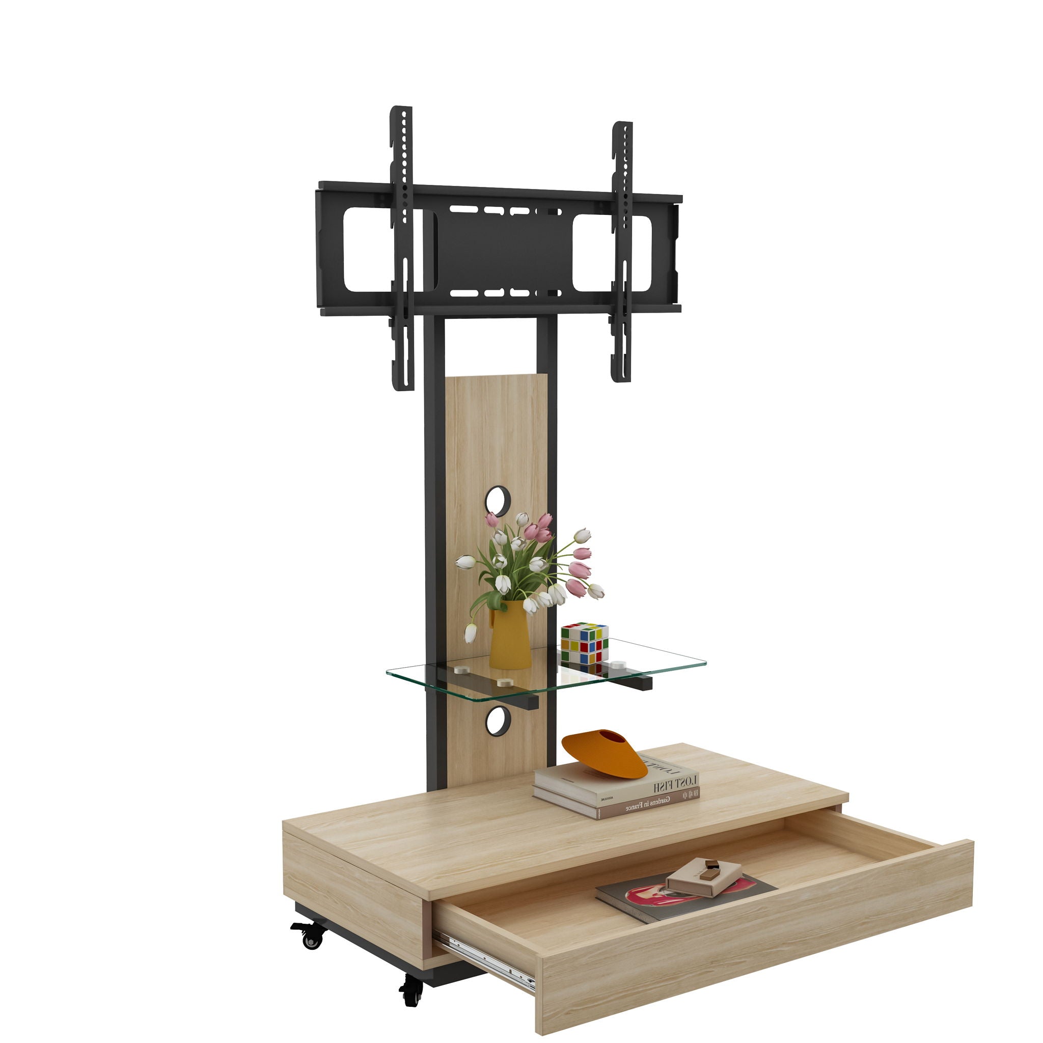 Mobile TV Cart With Push Pull Drawer, Lockable Wheels