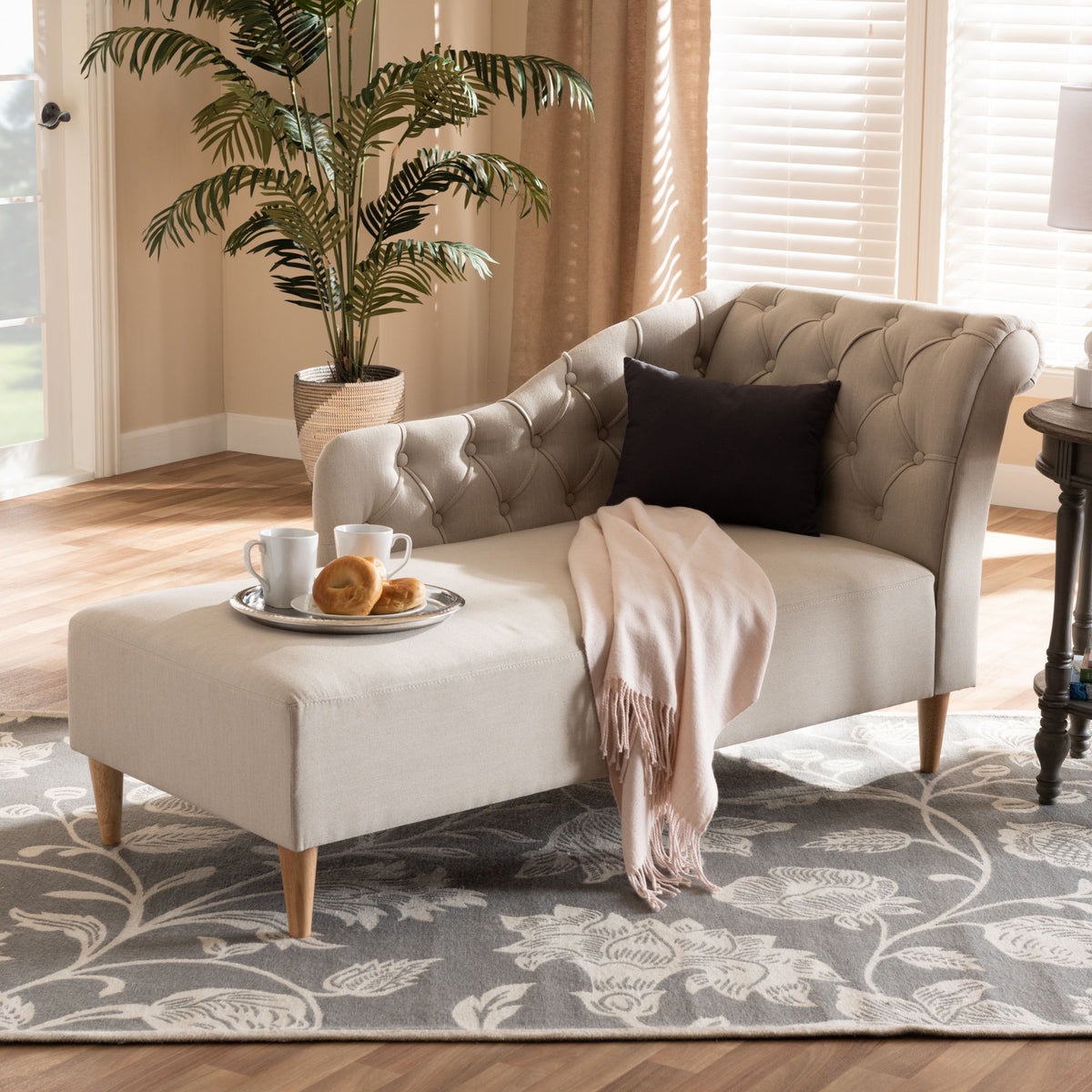Emeline Modern and Contemporary Beige Fabric Upholstered Oak Finished Chaise Lounge