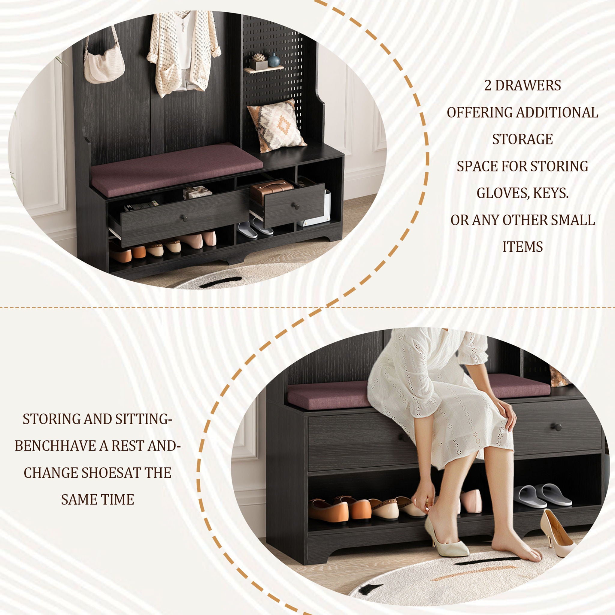 Hallway Hall Tree With Removable Cushion Bench, Coat Rack, Storage Shelves