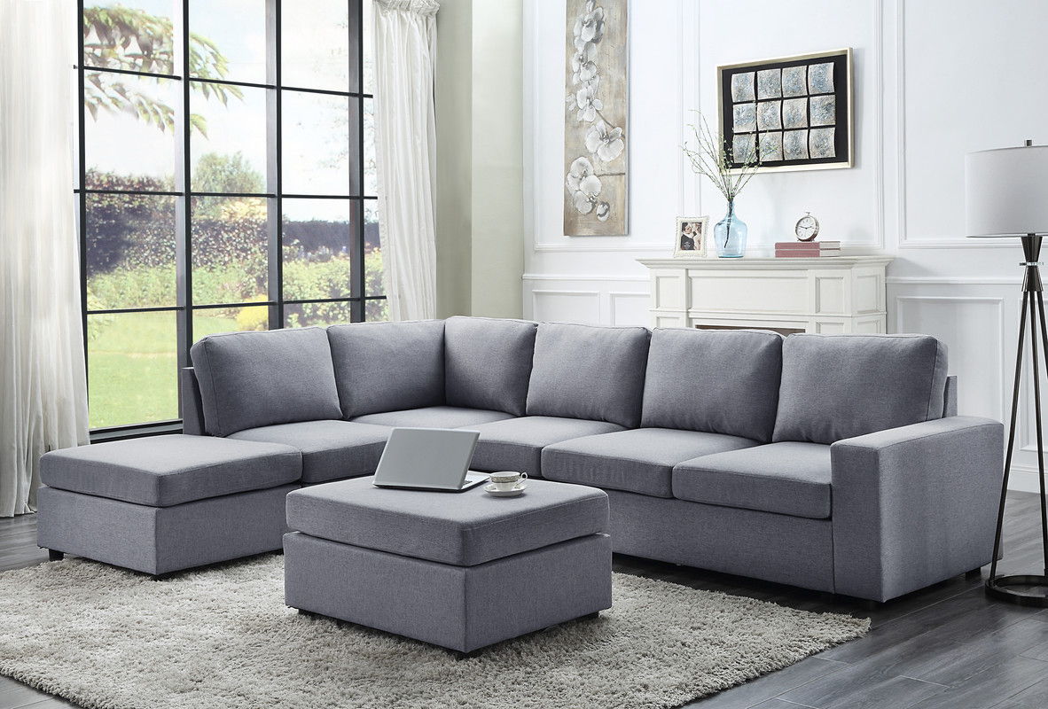 Cassia 120"W Light Gray Linen 7 Seat Reversible Modular Sectional Sofa with Ottoman