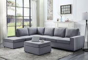 Cassia 120"W Light Gray Linen 7 Seat Reversible Modular Sectional Sofa with Ottoman