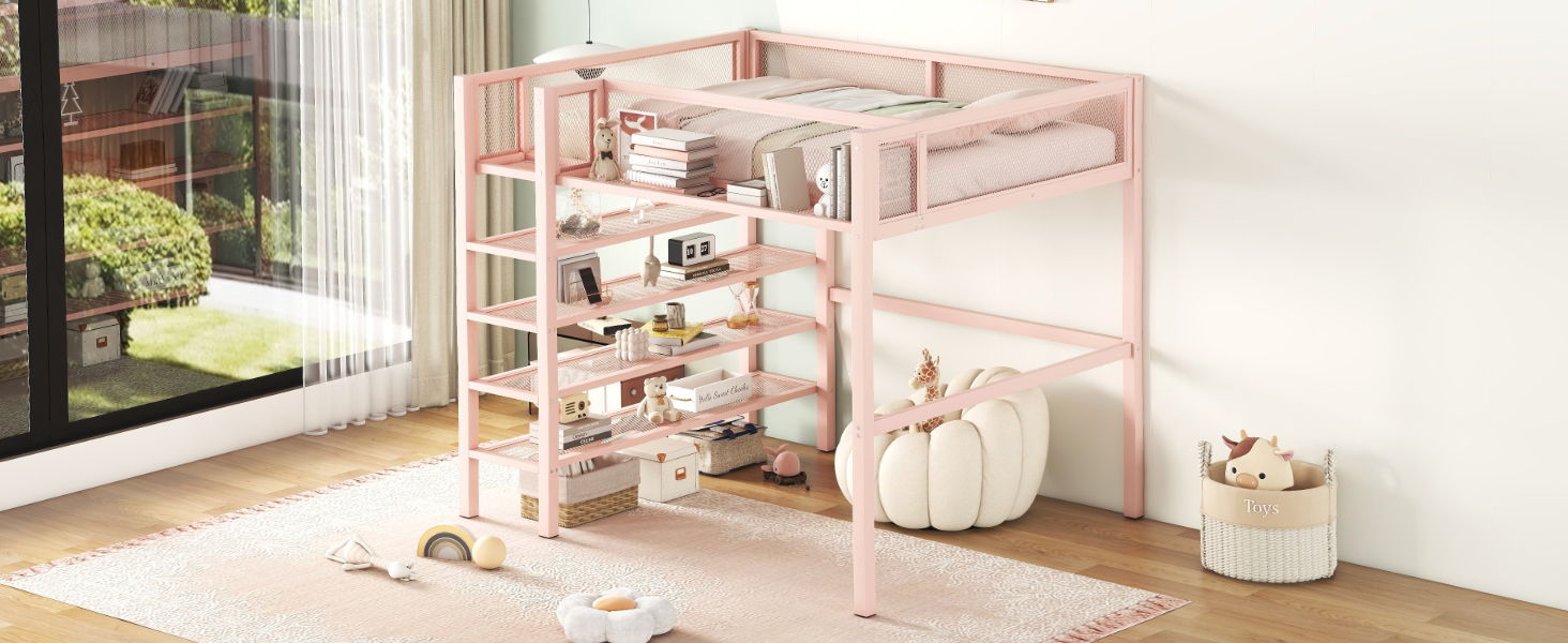 Loft Bed With 4 Tier Shelves And Storage