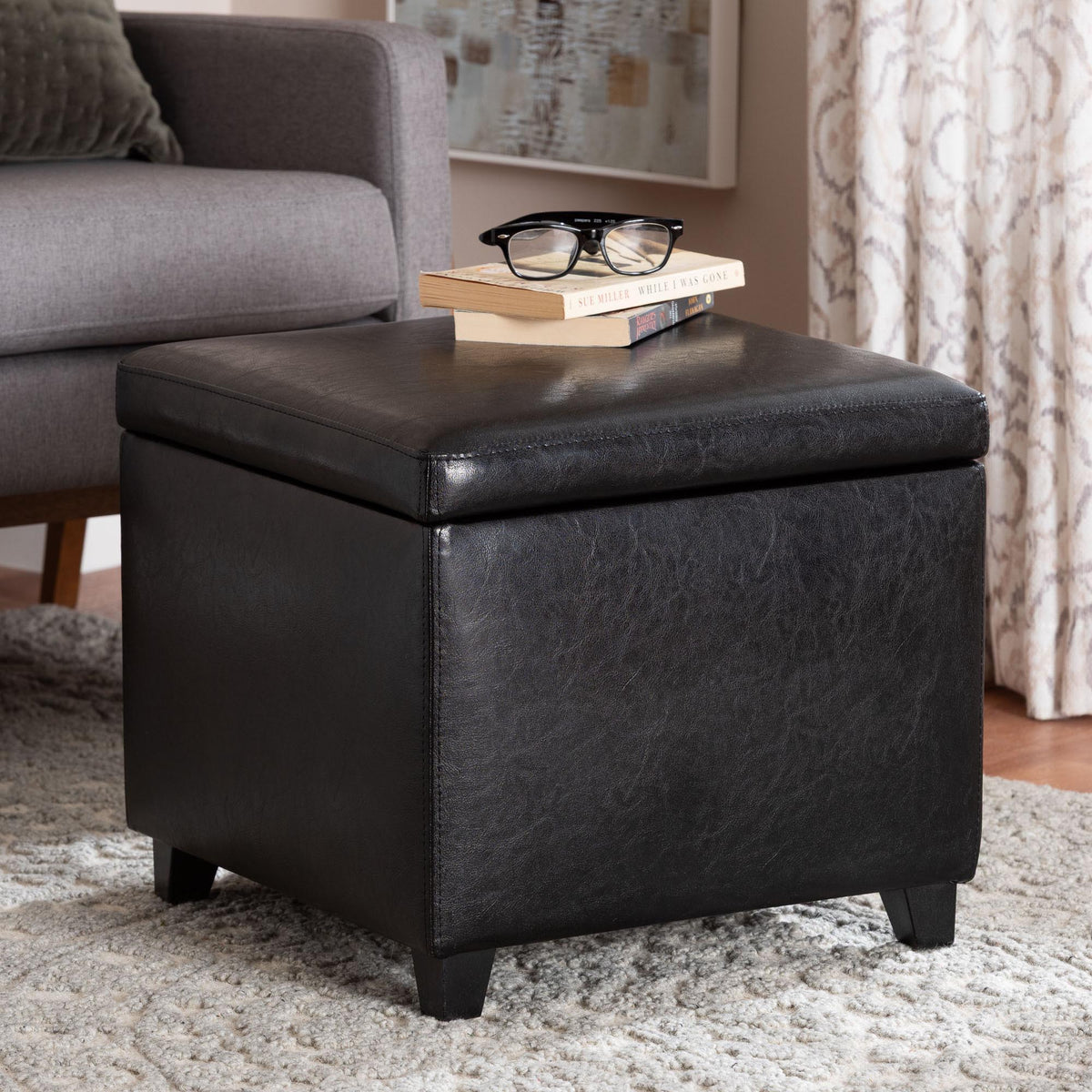 Black Faux Leather Small Storage Cube Ottoman