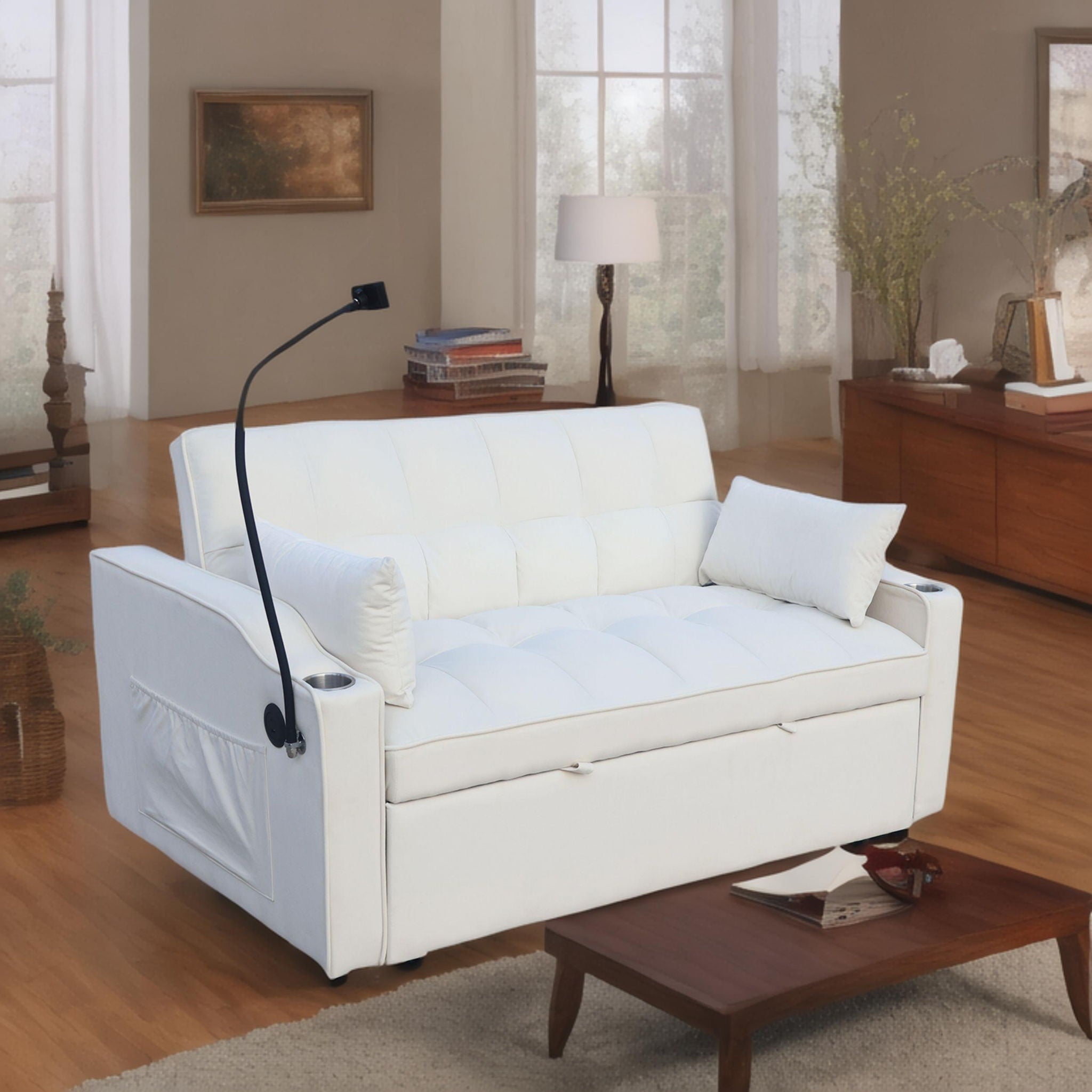 Modern Velvet Loveseat With Pullout Bed, Adjustable Reclining Backrest