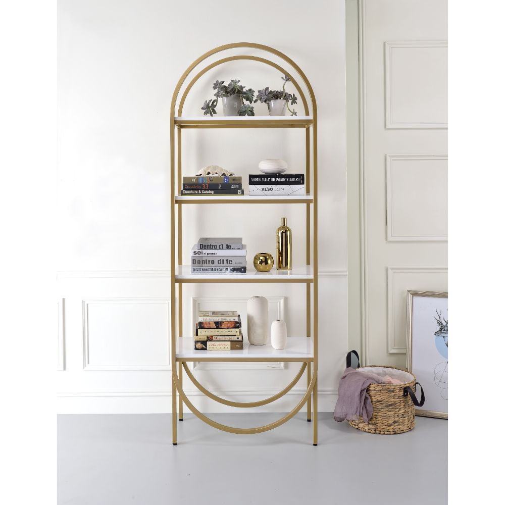 ACME Lightmane - Bookshelf - White High Gloss & Gold | Meri Furniture