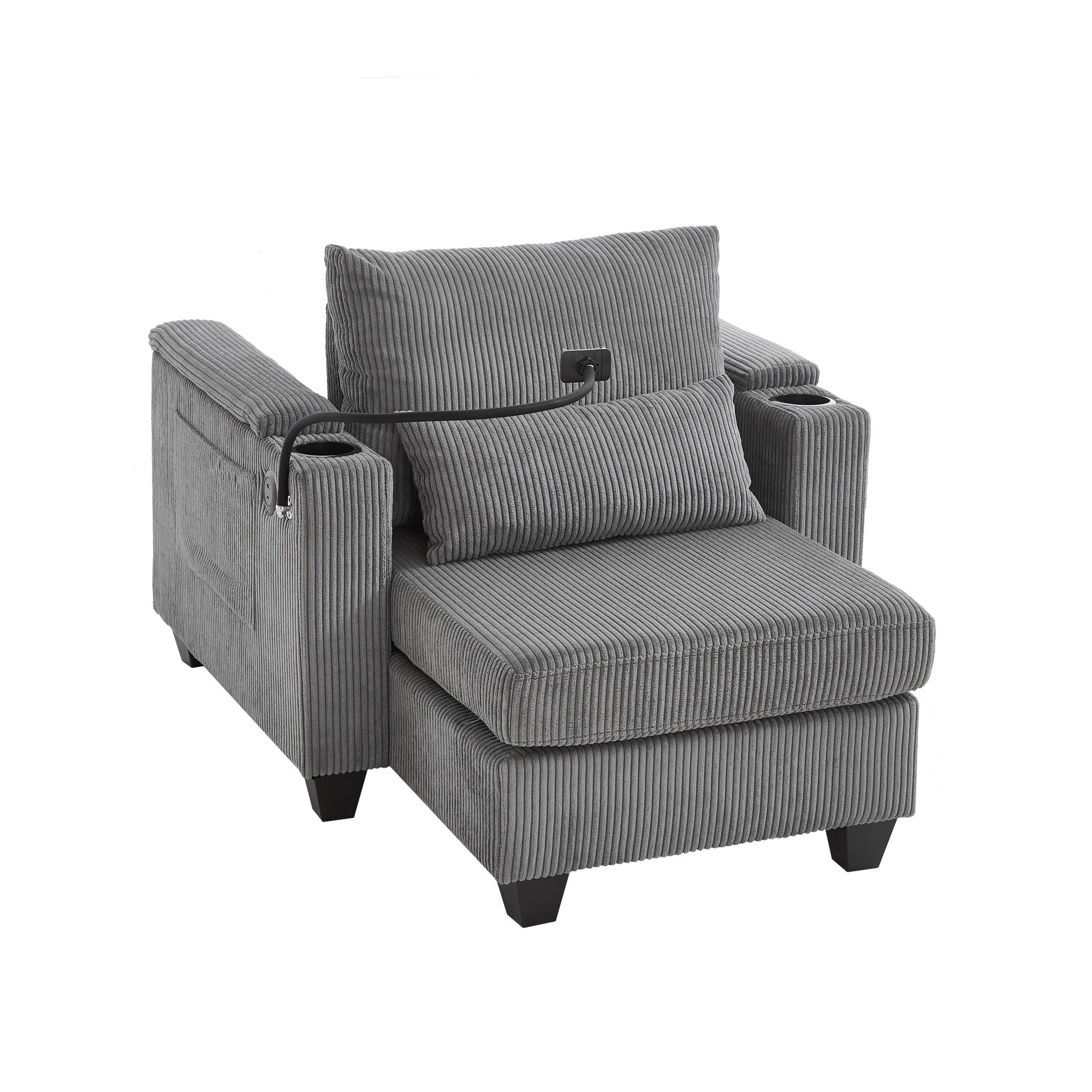Convertible Chaise Lounge Sofa Chair With USB Ports, Cup Holders, Phone Holder And Storage
