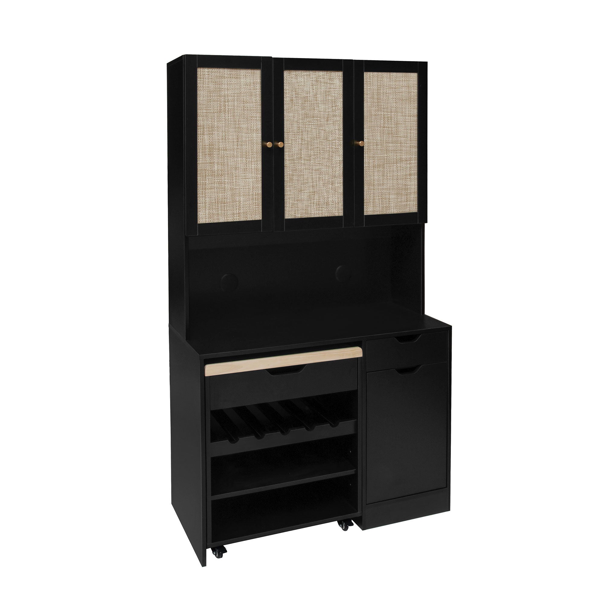 Kitchen Pantry Storage Cabinet, Modern Buffet Cabinet With Kitchen Cart, Tall Kitchen Hutch Cabinet With Microwave Stand, Food Pantry Cabinet With 3 Rattan Doors And Adjustable Shelves - Black