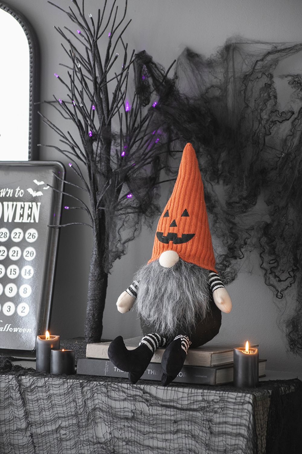 Sitting Gnome With Knit Hat, For Halloween Decor - Black / Orange / White