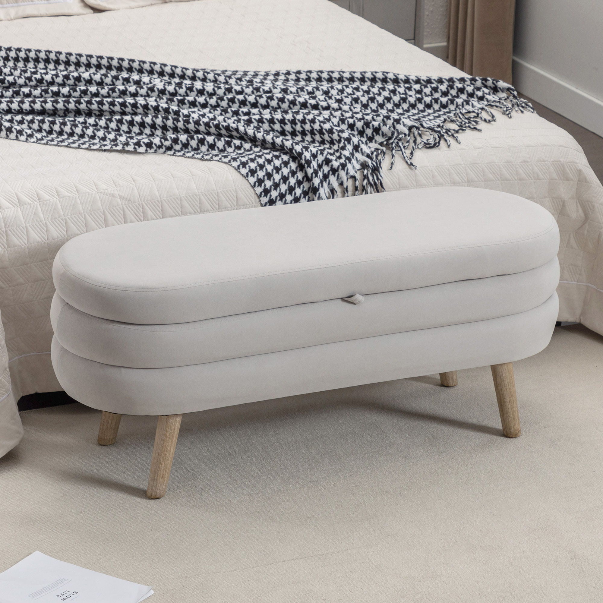 Velvet Fabric Storage Bench With Wood Legs