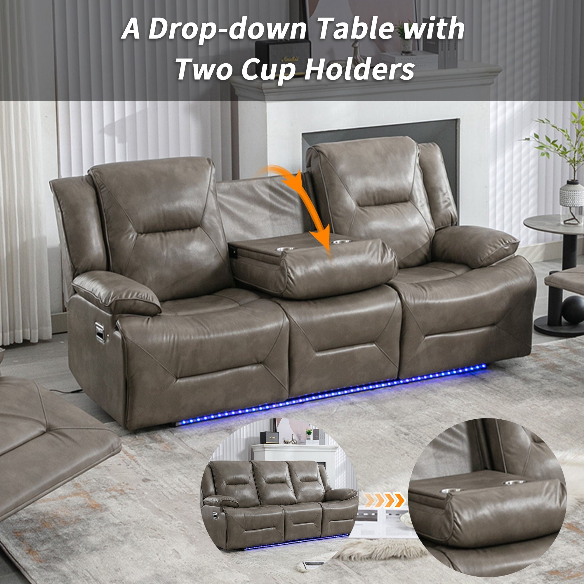 3 Seater Home Theater Recliner Manual Recliner Chair With A LED Light Strip Two Built-In Cup Holders For Living Room