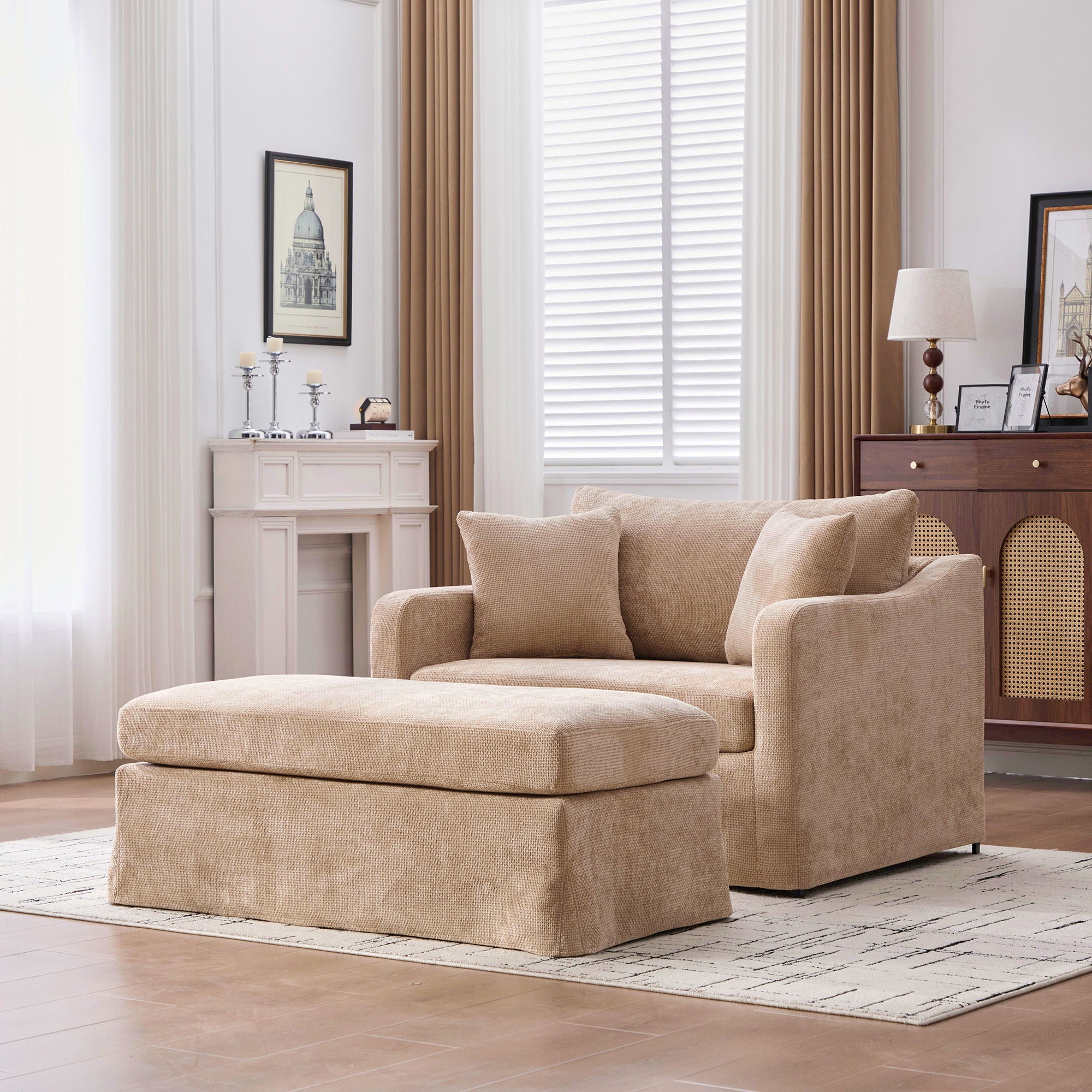 Accent Chair Wide With 2 Bolster Pillows, And Matching Ottoman