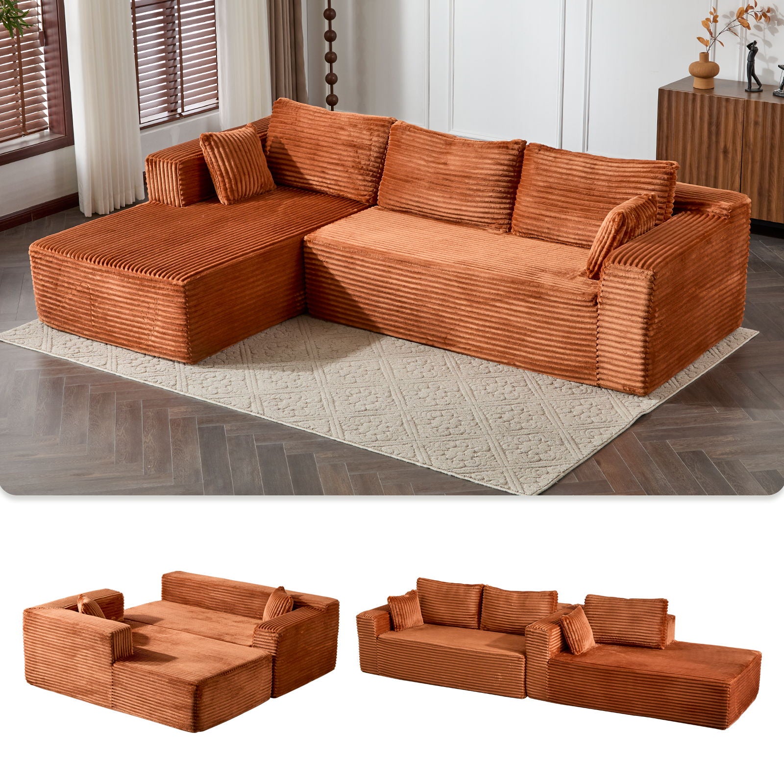 Compression Sectional Couch With Comfy Chaise, Boneless L Shape Sofa With Deep Seat