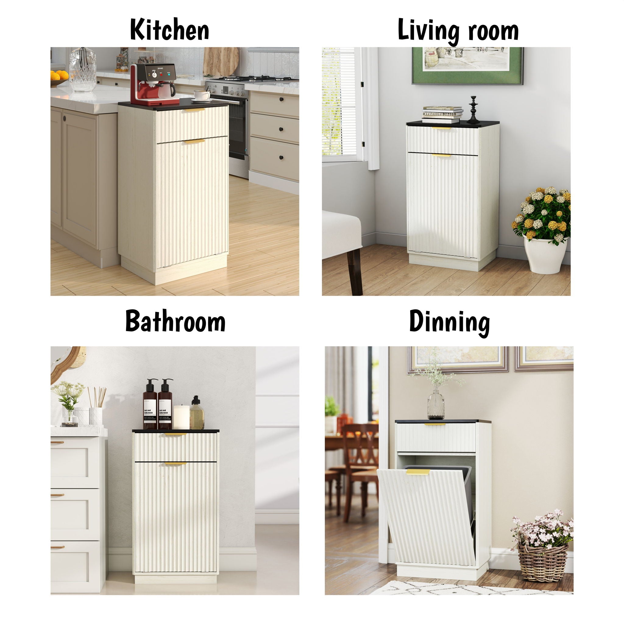 Tilt Out Trash Can Cabinet With Wave Textured Drawer & Pull Out Bin