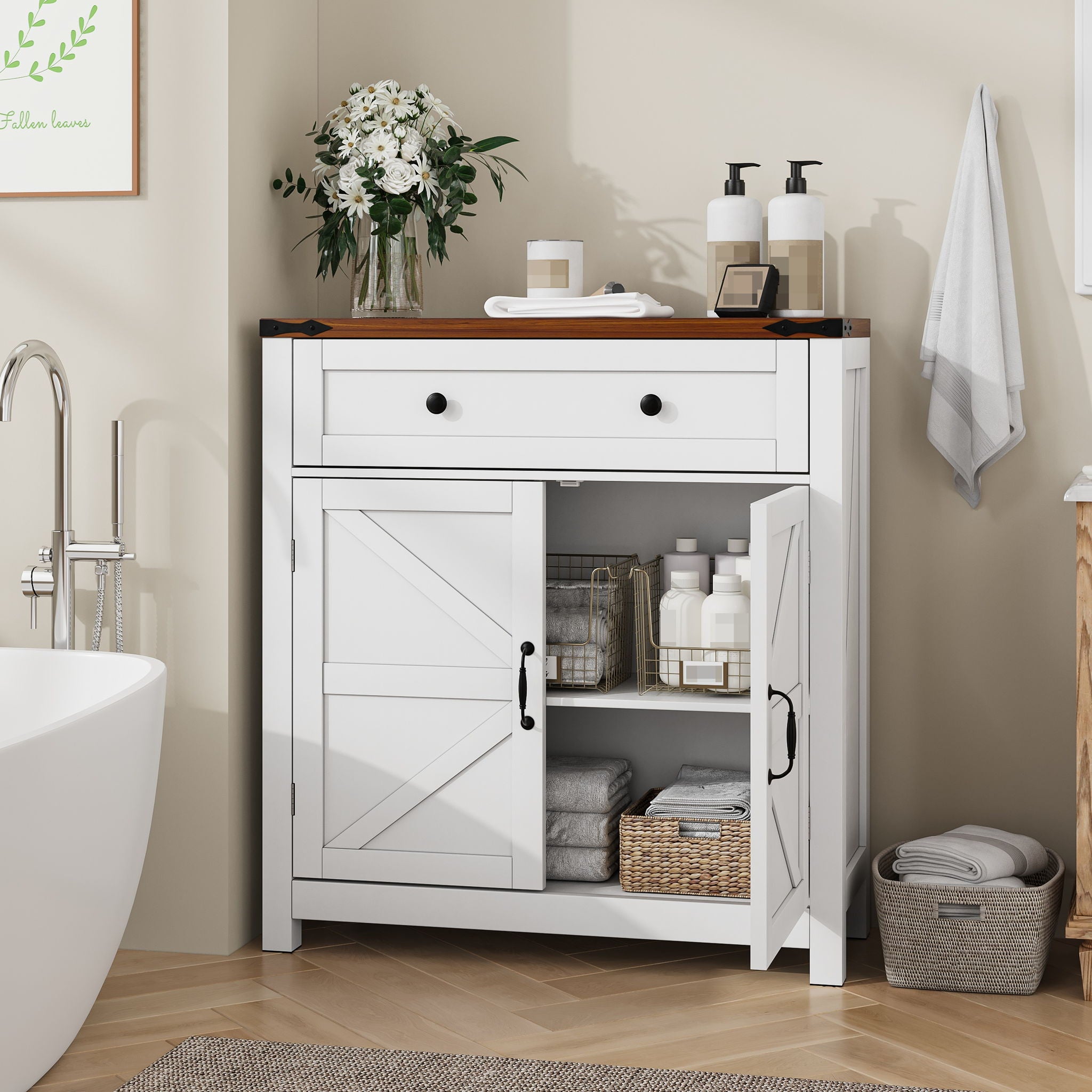 Farmhouse Storage Cabinet With Drawer And Adjustable Shelf
