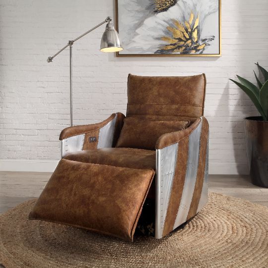 Qalurne - Power Motion Recliner With Swivel - Two Tone Mocha Top Grain Leather & Aluminum