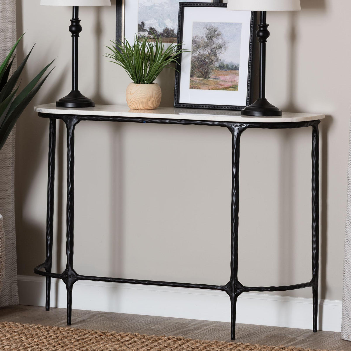 Edsel Marble Console Table - Modern Rustic Accent Table with Hand-Forged Metal Frame for Living Room or Entryway, Rounded