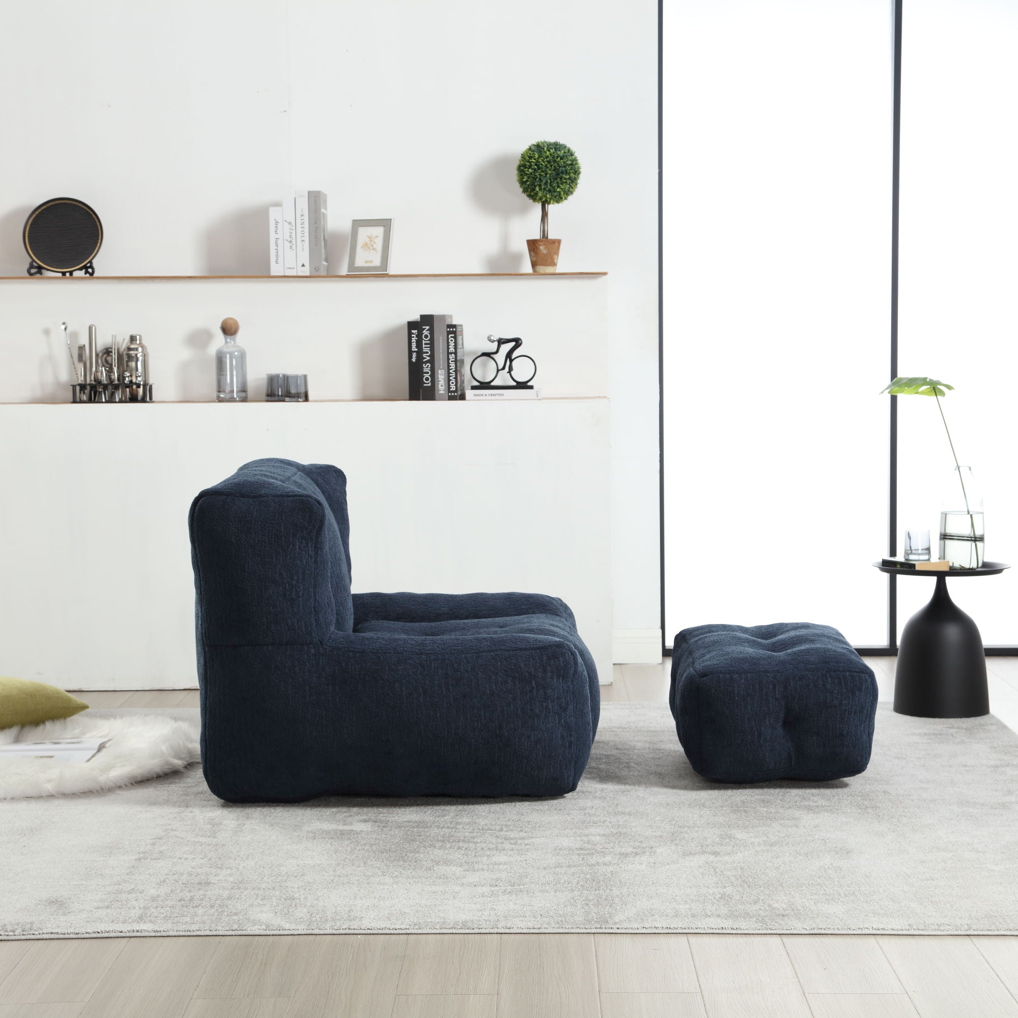 Modern Indoor Fluffy Bean Bag Chair With Memory Foam And Ottoman, Super Soft