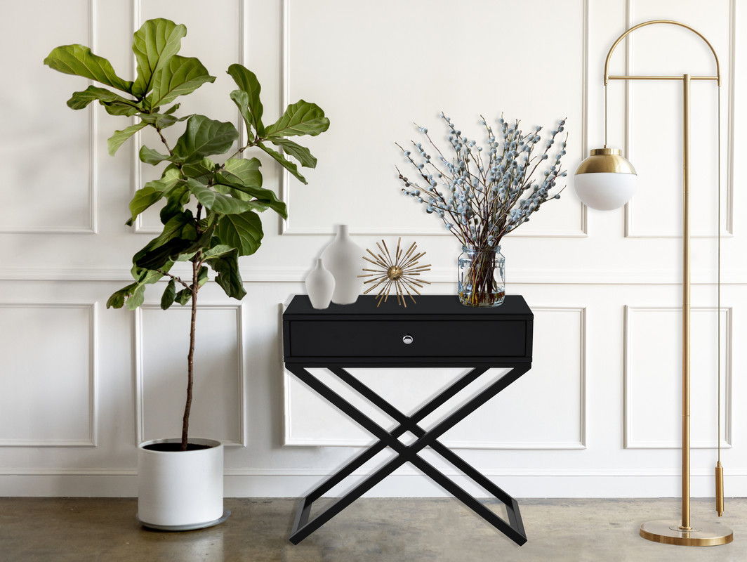 Koda 23"W Black Wooden End Side Table Nightstand with Glass Top, Drawer and Metal Cross Base