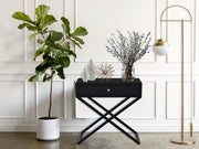 Koda 23"W Black Wooden End Side Table Nightstand with Glass Top, Drawer and Metal Cross Base